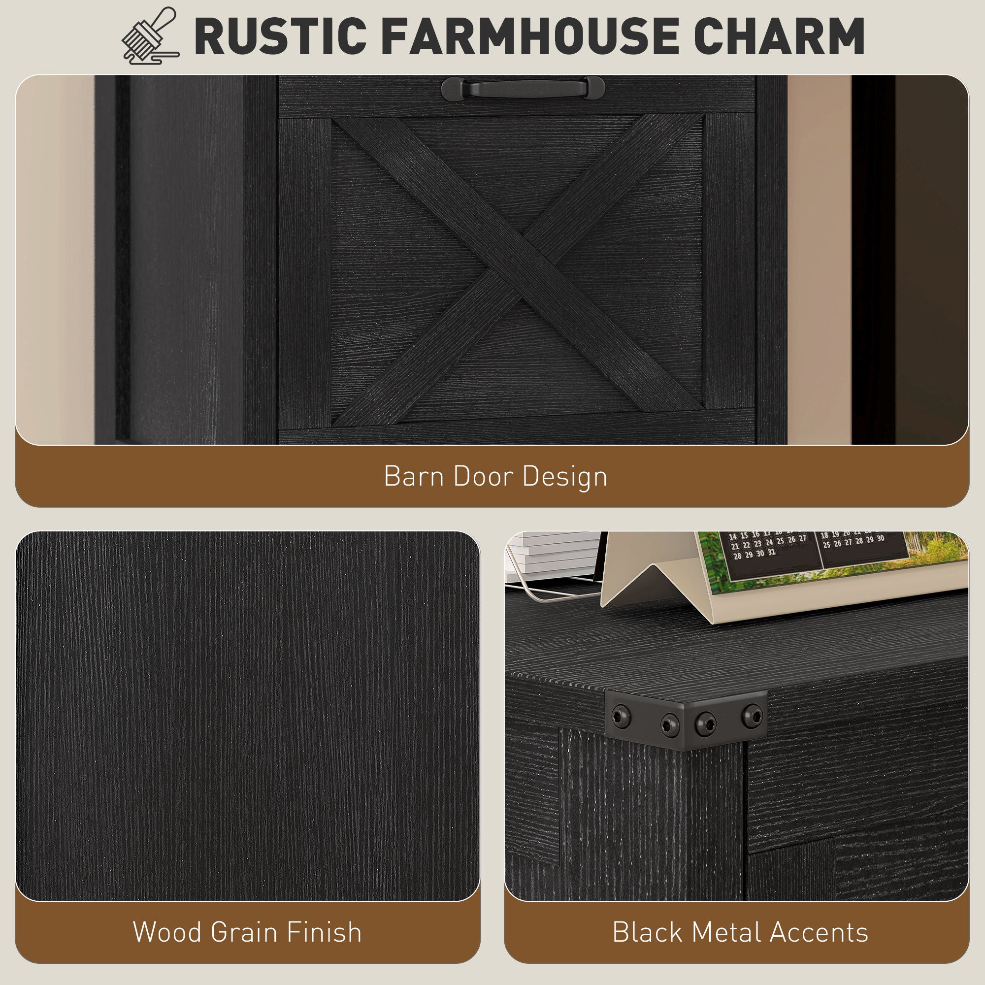 Vertical Filing Cabinet with 2 Drawers, Rustic Farmhouse Office Storage Cabinet for A4, Letter Size, Distressed Black-Office Products > Office Furniture > Office Cabinets & Cupboards-DECOROLALA