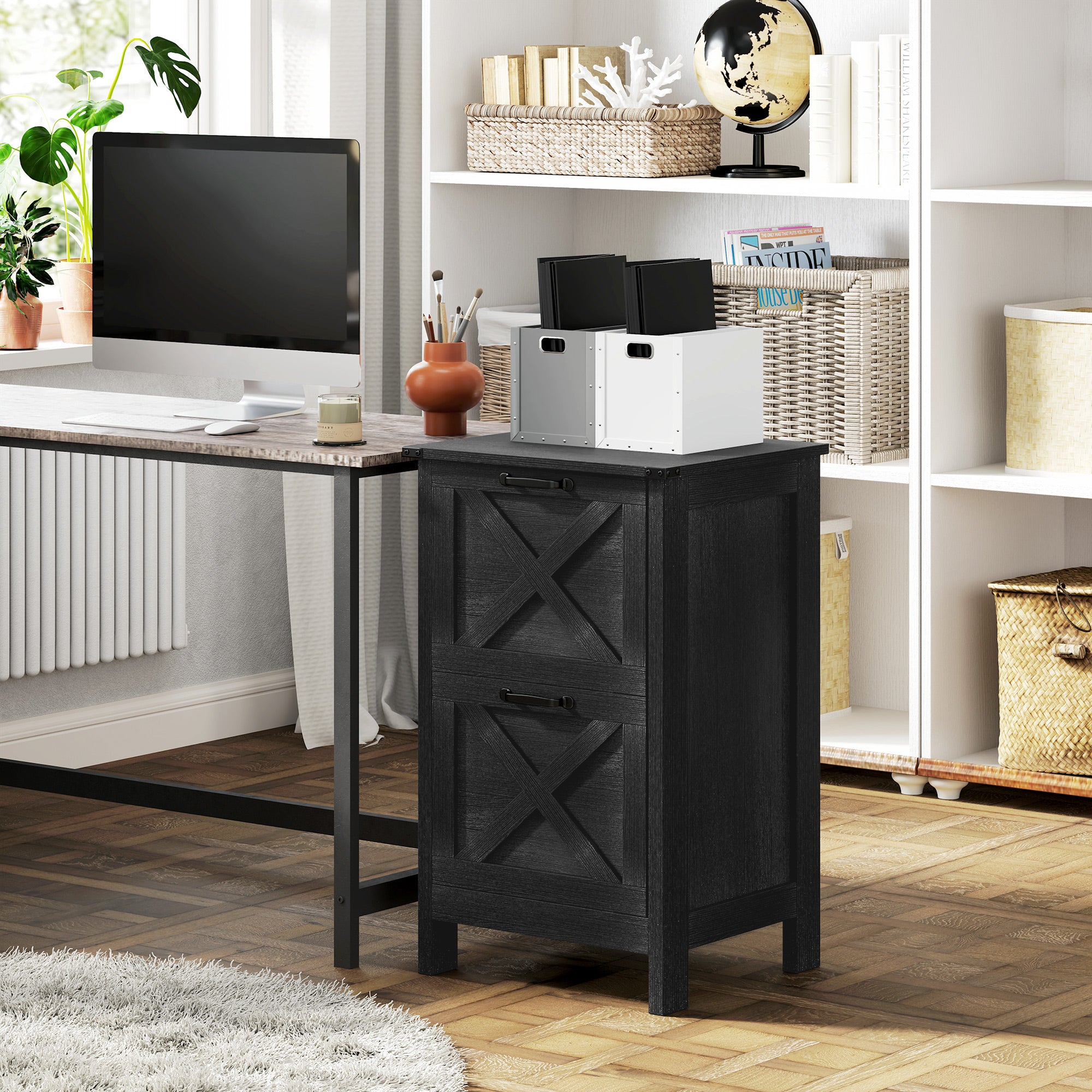 Vertical Filing Cabinet with 2 Drawers, Rustic Farmhouse Office Storage Cabinet for A4, Letter Size, Distressed Black-Office Products > Office Furniture > Office Cabinets & Cupboards-DECOROLALA