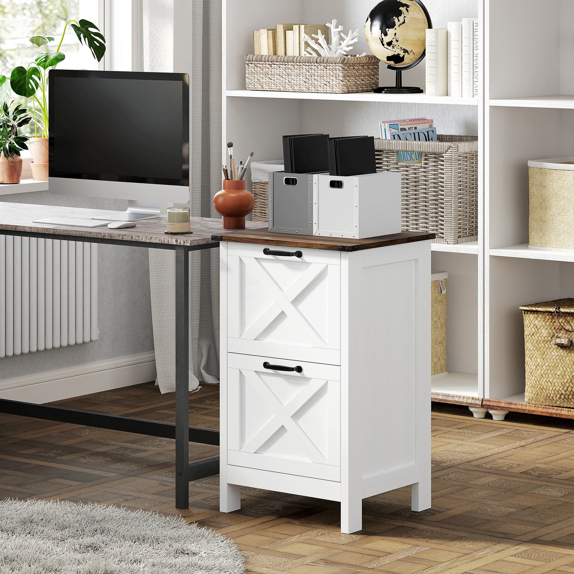 Vertical Filing Cabinet with 2 Drawers, Rustic Farmhouse Office Storage Cabinet for A4, Letter Size, Distressed White-Office Products > Office Furniture > Office Cabinets & Cupboards-DECOROLALA