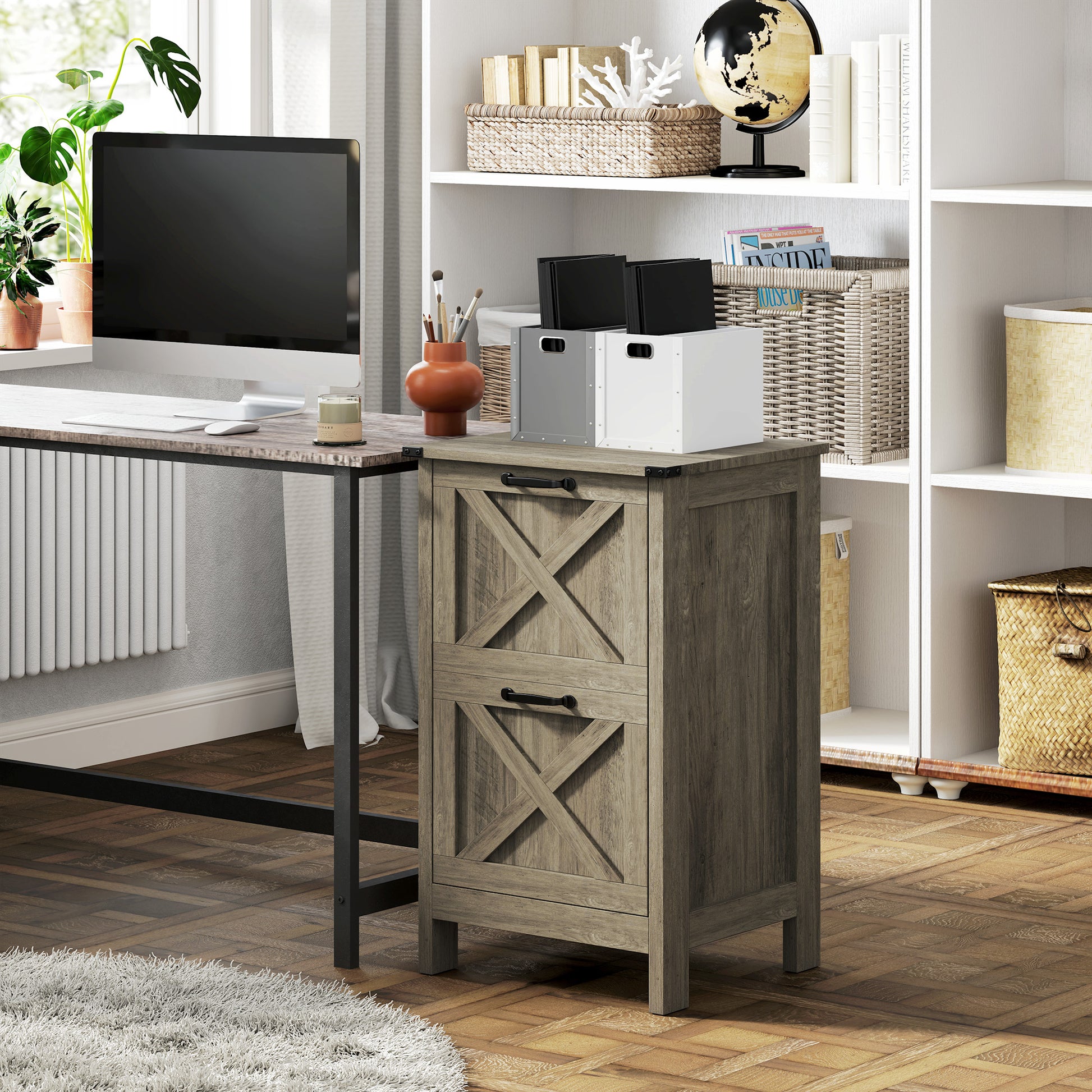 Vertical Filing Cabinet with 2 Drawers, Rustic Farmhouse Office Storage Cabinet for A4, Letter Size, Grey Wash-Office Products > Office Furniture > Office Cabinets & Cupboards-DECOROLALA