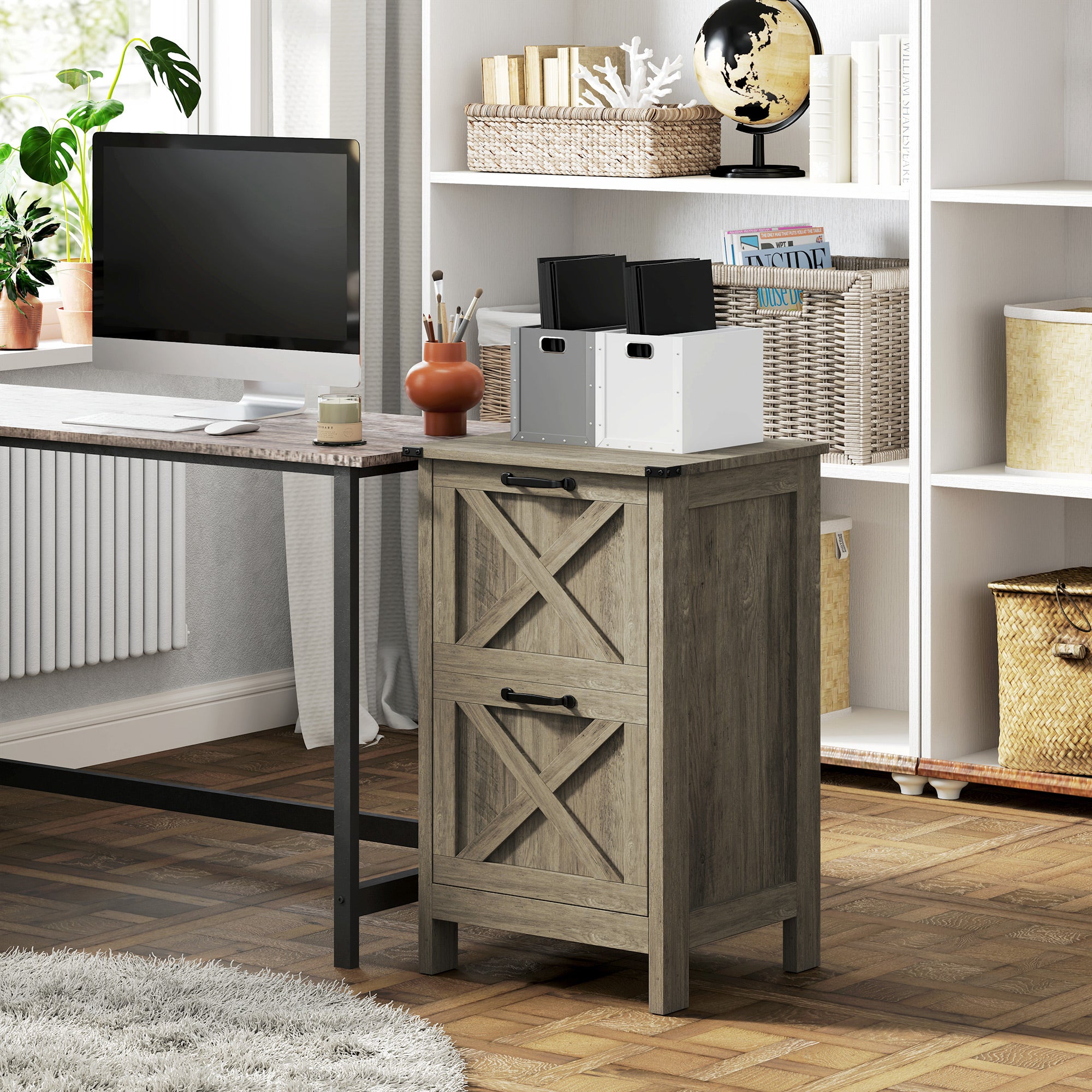 Vertical Filing Cabinet with 2 Drawers, Rustic Farmhouse Office Storage Cabinet for A4, Letter Size, Grey Wash-Office Products > Office Furniture > Office Cabinets & Cupboards-DECOROLALA