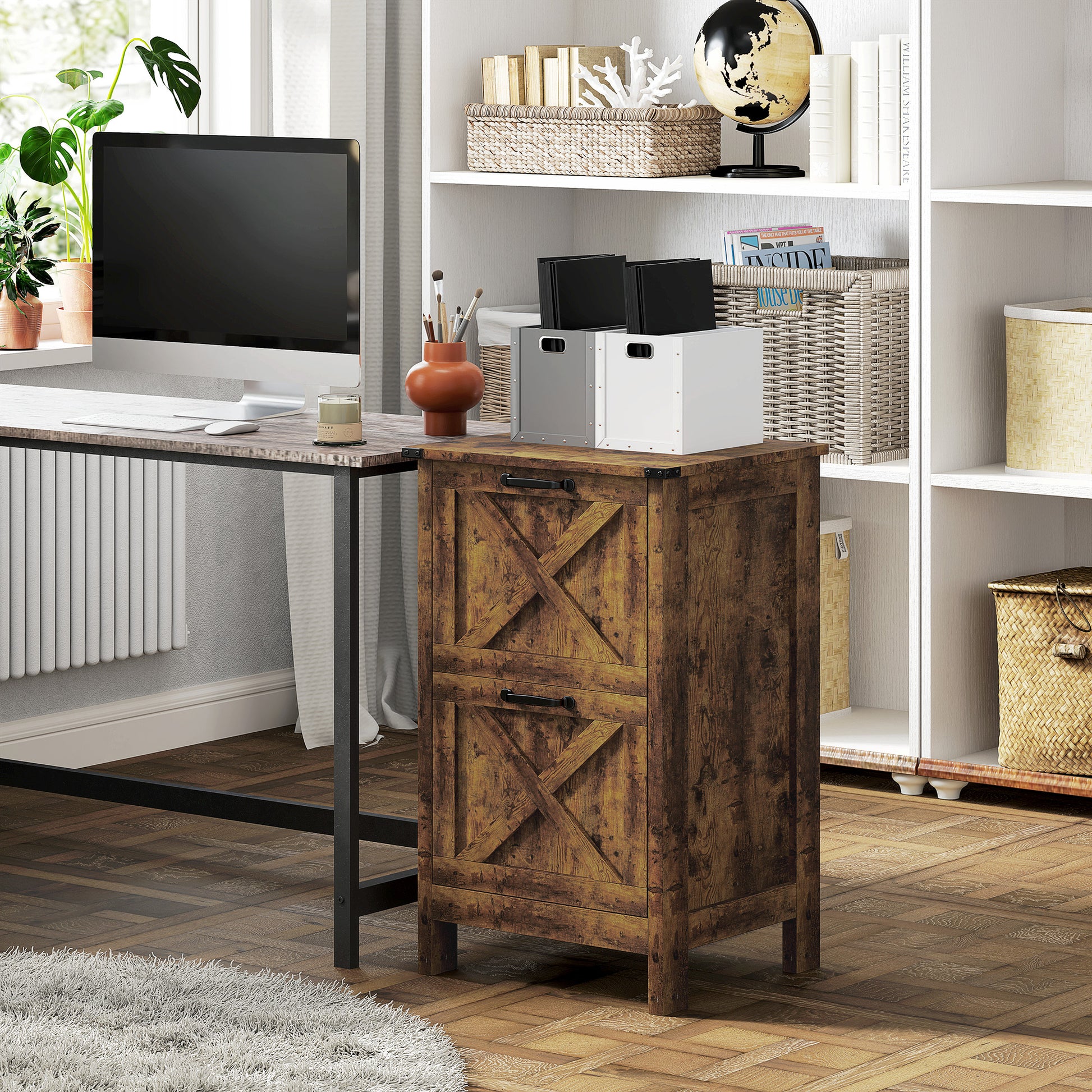 Vertical Filing Cabinet with 2 Drawers, Rustic Farmhouse Office Storage Cabinet for A4, Letter Size, Rustic Brown-Office Products > Office Furniture > Office Cabinets & Cupboards-DECOROLALA