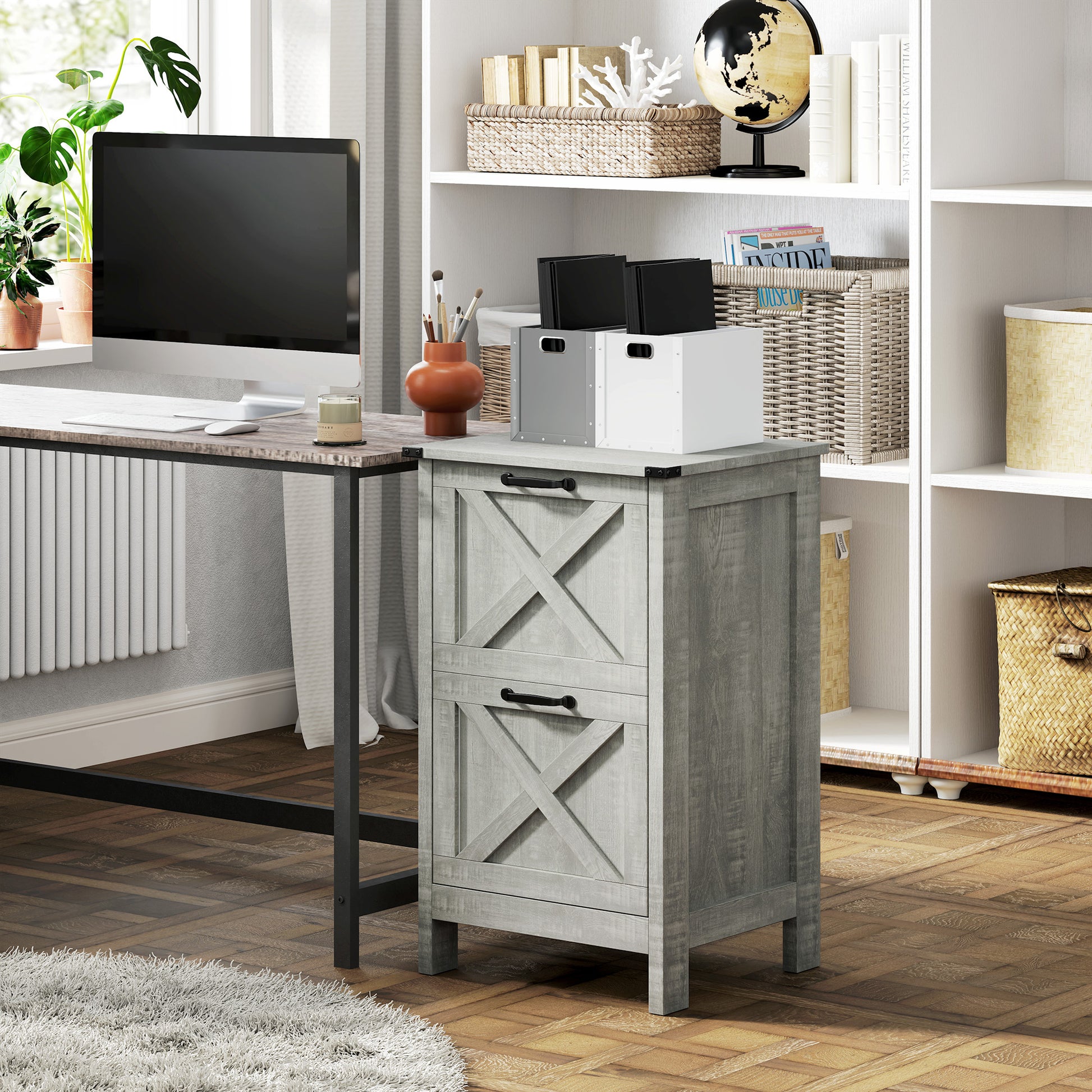 Vertical Filing Cabinet with 2 Drawers, Rustic Farmhouse Office Storage Cabinet for A4, Letter Size, Stone Grey-Office Products > Office Furniture > Office Cabinets & Cupboards-DECOROLALA