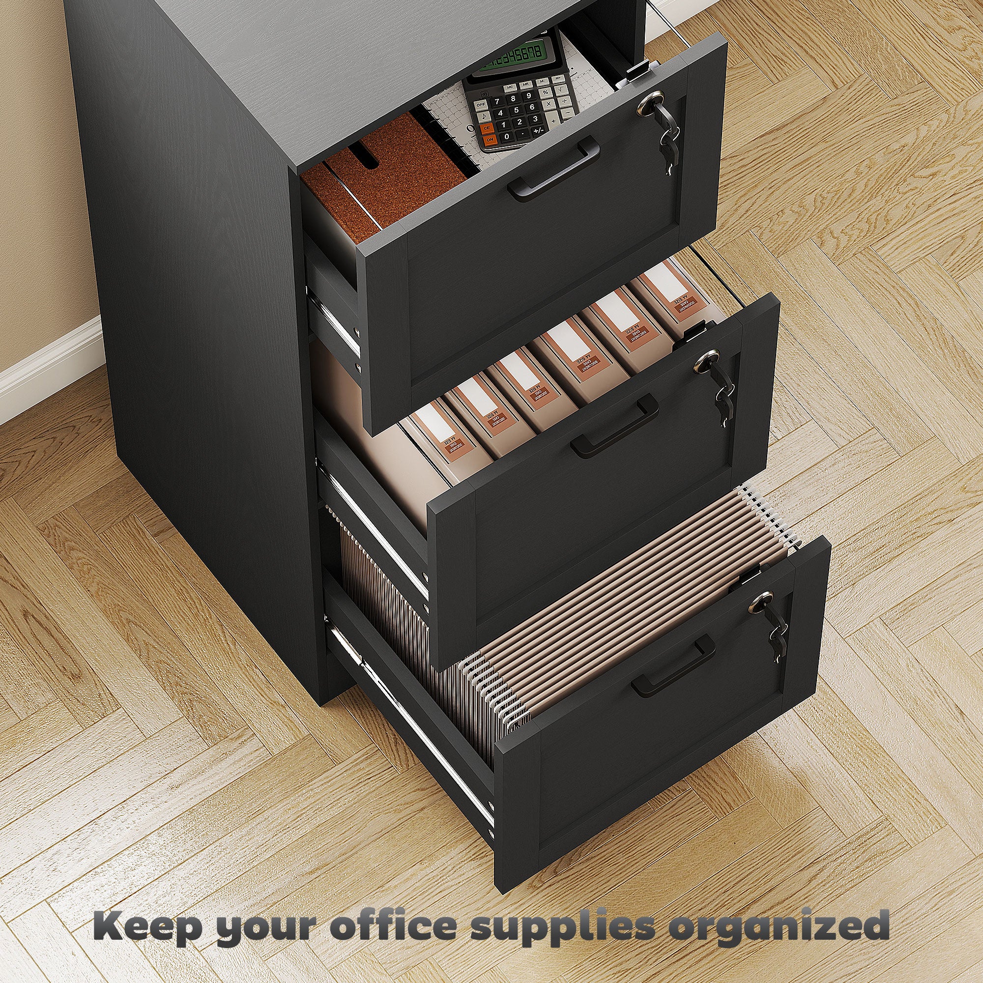Vertical Filing Cabinet with 3 Drawers, Lock, File Cabinet for Home Office, A4 and Letter Size Files, Black-Office Products > Office Furniture > Office Cabinets & Cupboards-DECOROLALA