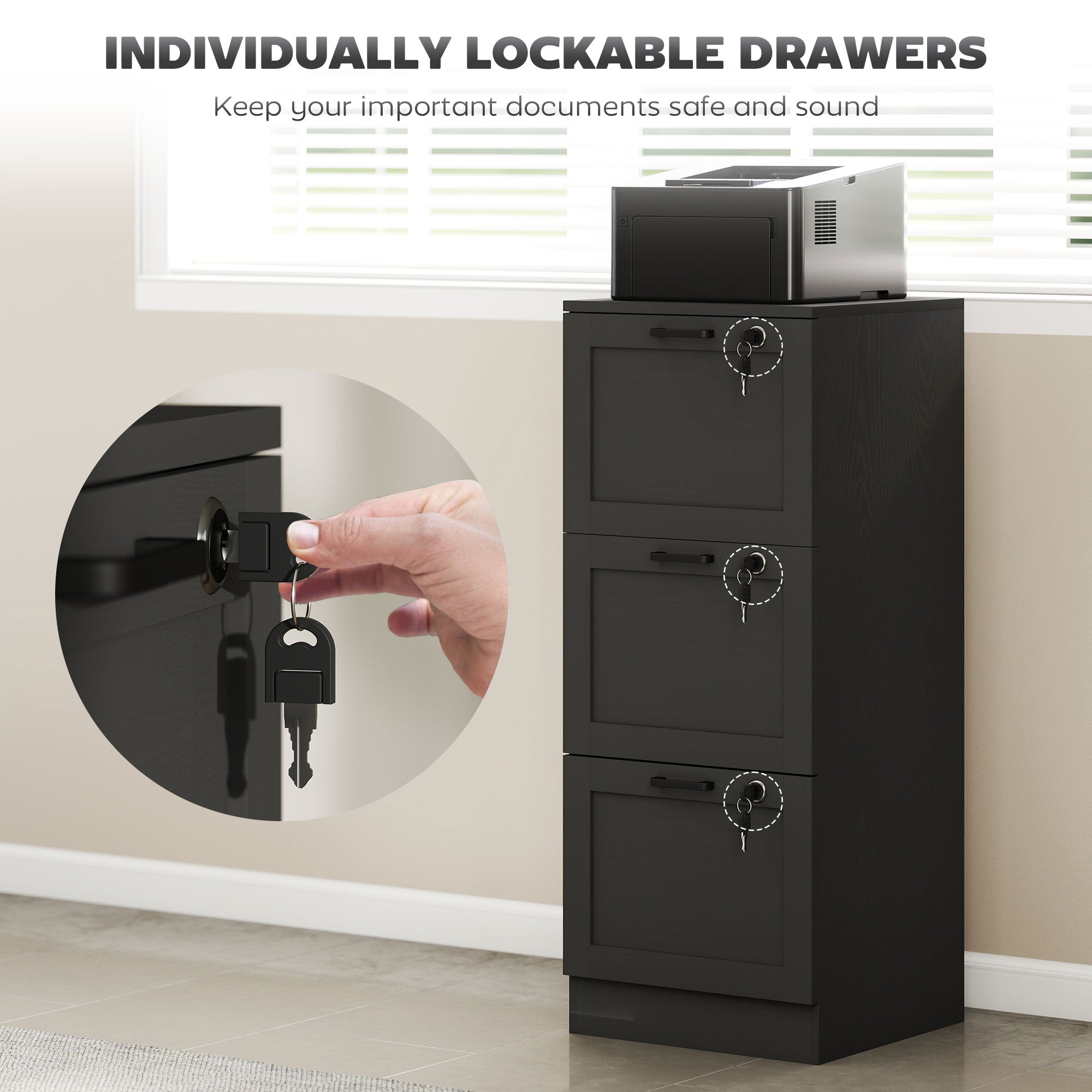Vertical Filing Cabinet with 3 Drawers, Lock, File Cabinet for Home Office, A4 and Letter Size Files, Black-Office Products > Office Furniture > Office Cabinets & Cupboards-DECOROLALA