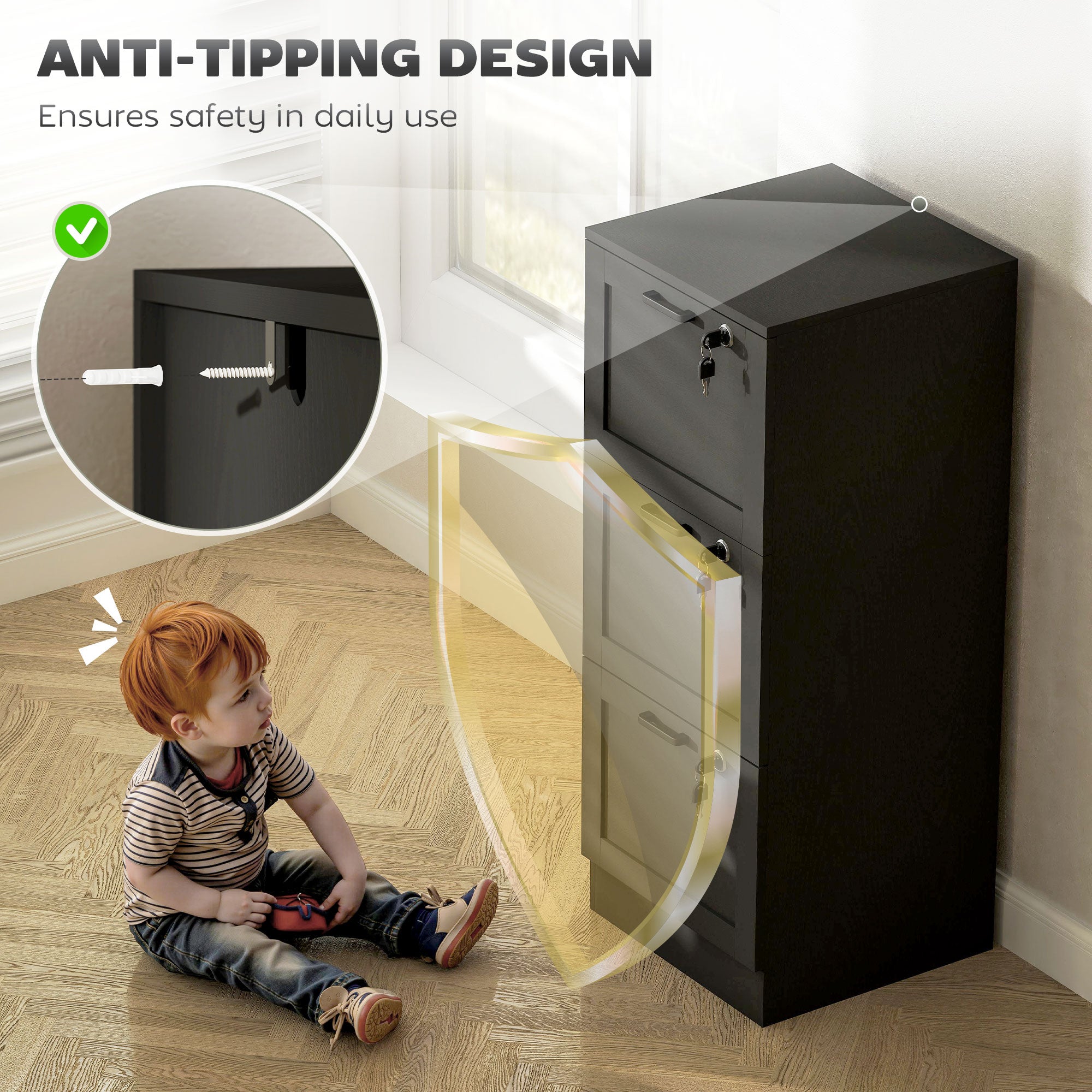 Vertical Filing Cabinet with 3 Drawers, Lock, File Cabinet for Home Office, A4 and Letter Size Files, Black-Office Products > Office Furniture > Office Cabinets & Cupboards-DECOROLALA