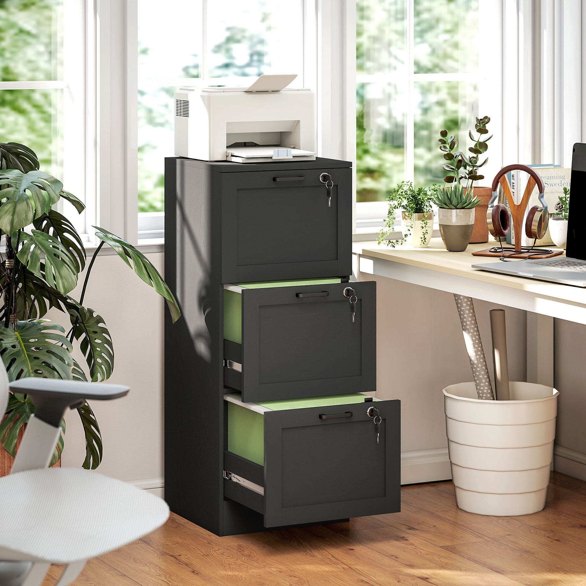 Vertical Filing Cabinet with 3 Drawers, Lock, File Cabinet for Home Office, A4 and Letter Size Files, Black-Office Products > Office Furniture > Office Cabinets & Cupboards-DECOROLALA