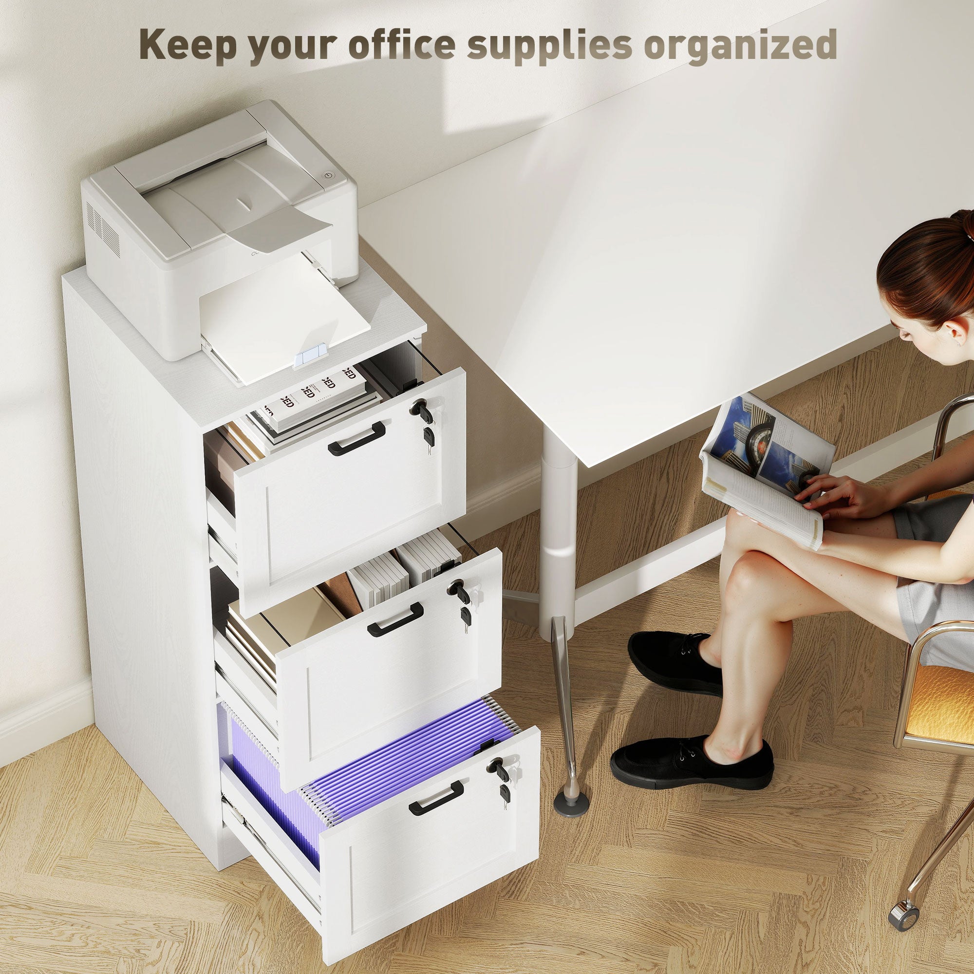 Vertical Filing Cabinet with 3 Drawers, Lock, File Cabinet for Home Office, A4 and Letter Size Files, White-Office Products > Office Furniture > Office Cabinets & Cupboards-DECOROLALA