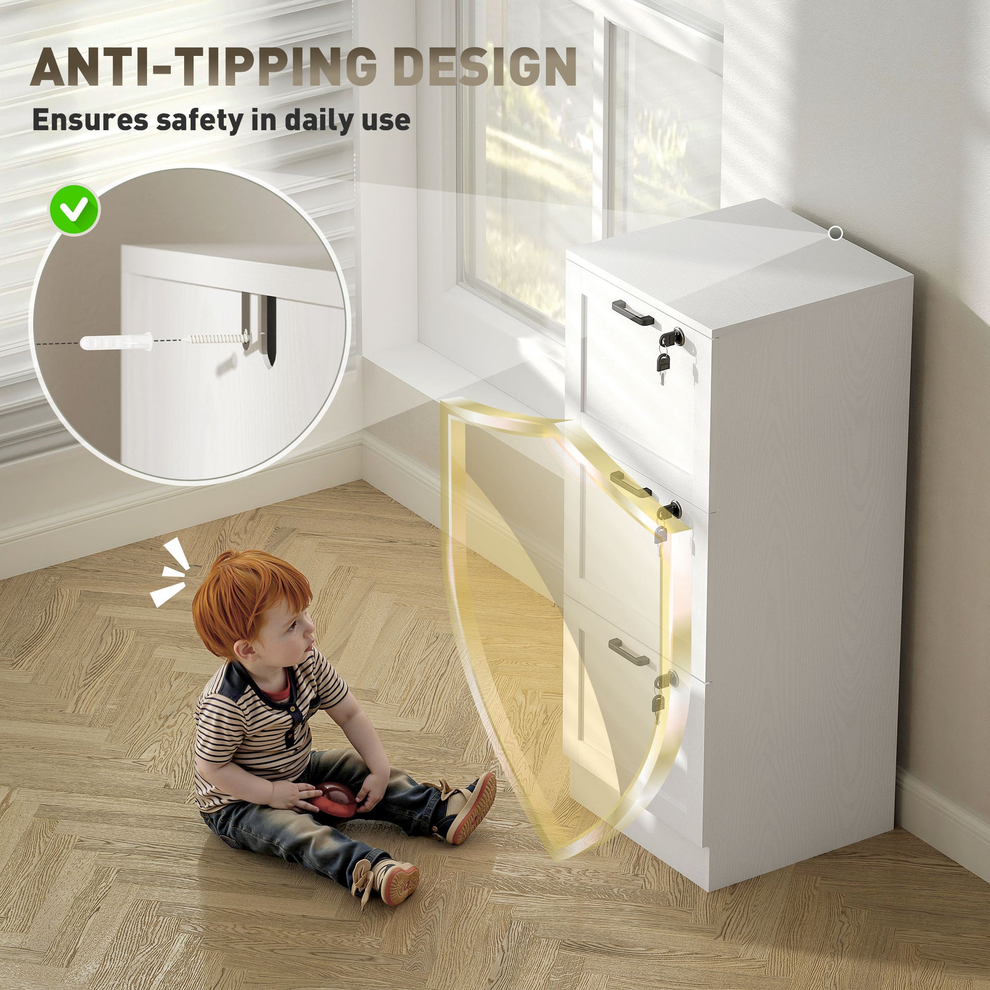 Vertical Filing Cabinet with 3 Drawers, Lock, File Cabinet for Home Office, A4 and Letter Size Files, White-Office Products > Office Furniture > Office Cabinets & Cupboards-DECOROLALA