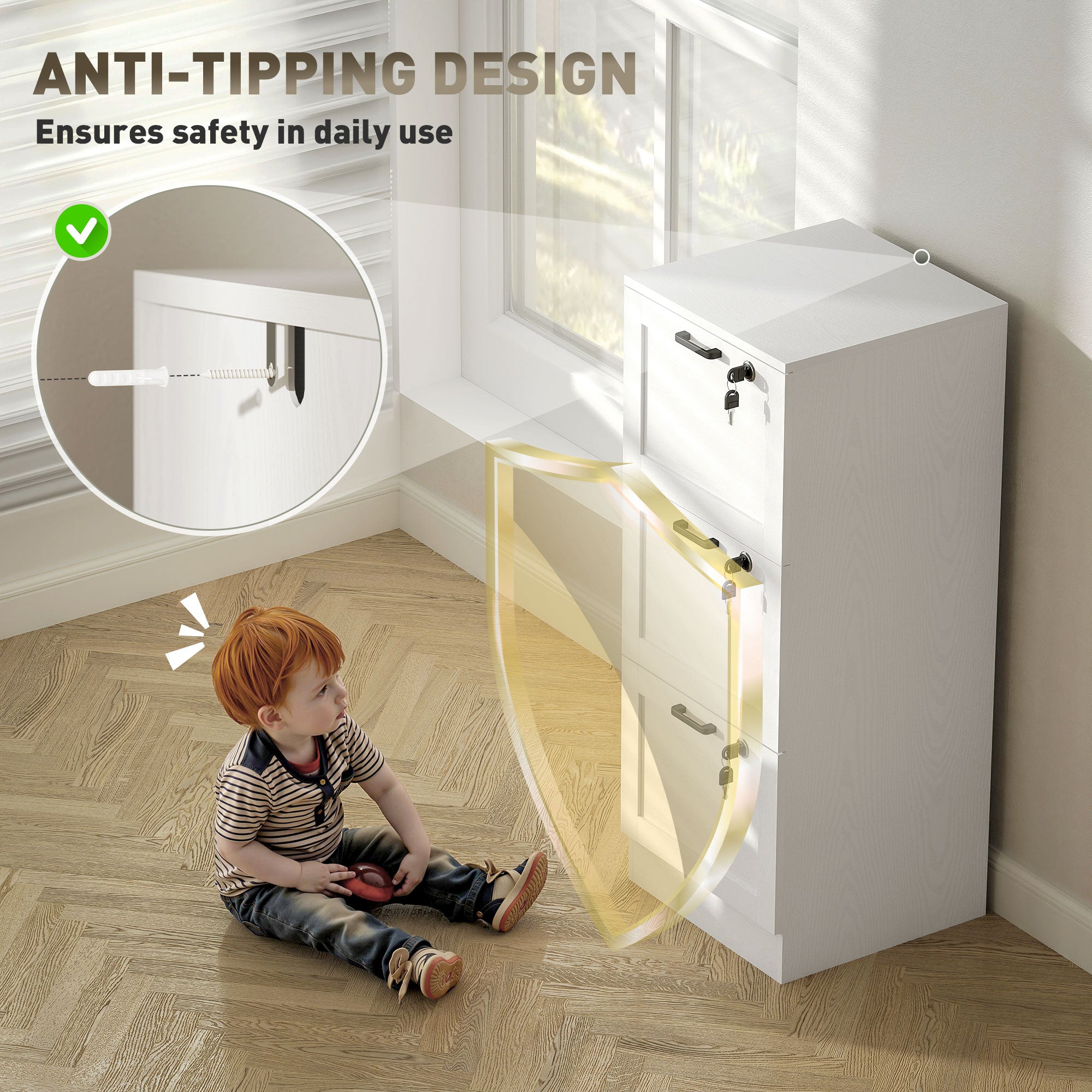 Vertical Filing Cabinet with 3 Drawers, Lock, File Cabinet for Home Office, A4 and Letter Size Files, White-Office Products > Office Furniture > Office Cabinets & Cupboards-DECOROLALA
