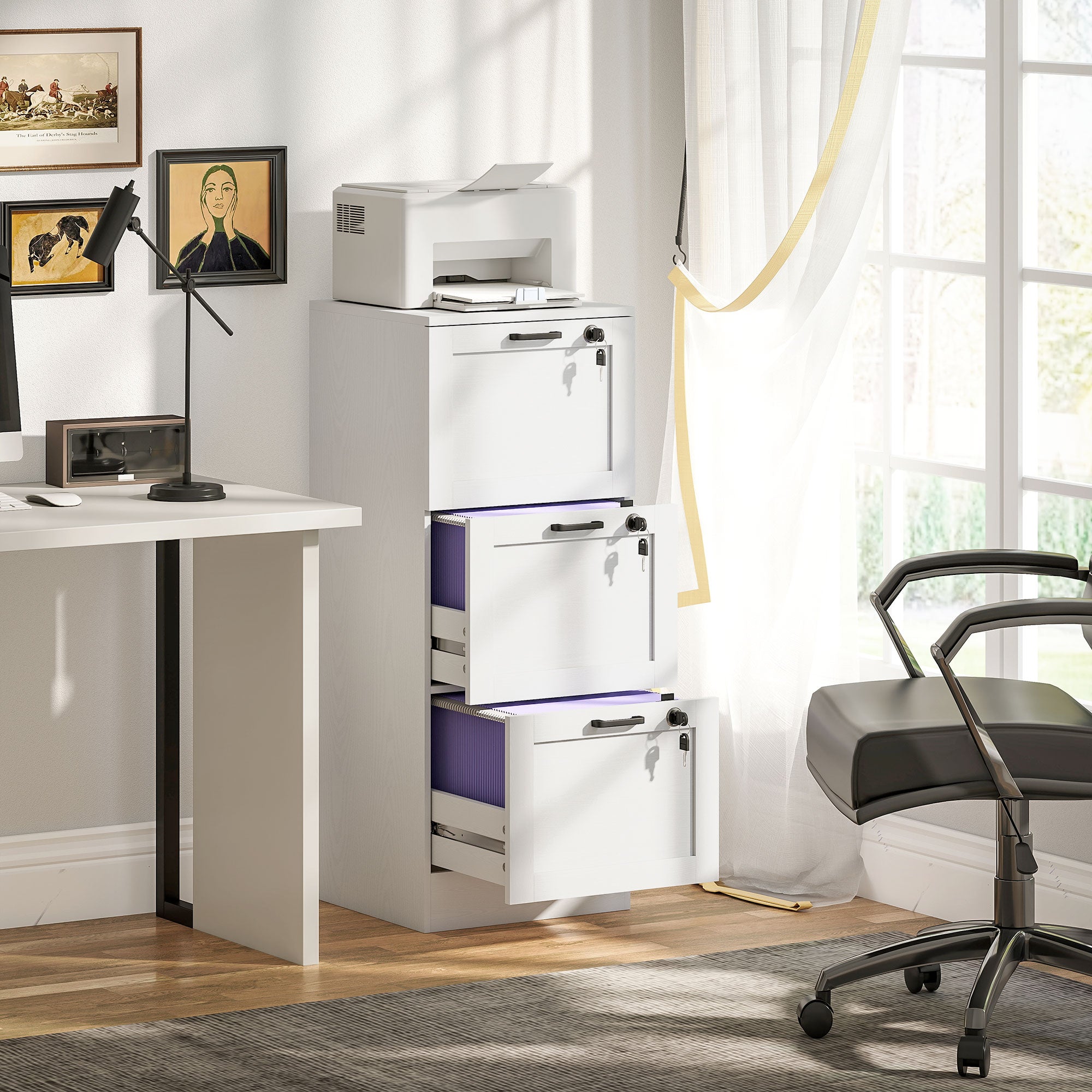Vertical Filing Cabinet with 3 Drawers, Lock, File Cabinet for Home Office, A4 and Letter Size Files, White-Office Products > Office Furniture > Office Cabinets & Cupboards-DECOROLALA
