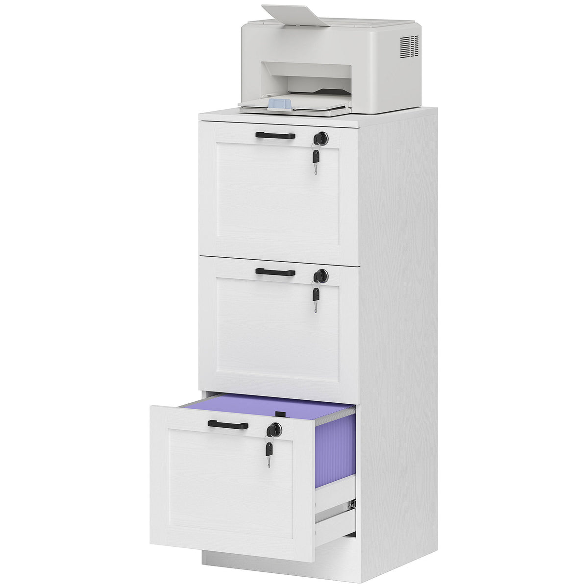Vertical Filing Cabinet with 3 Drawers, Lock, File Cabinet for Home Office, A4 and Letter Size Files, White-Office Storage Cabinets-DECOROLALA