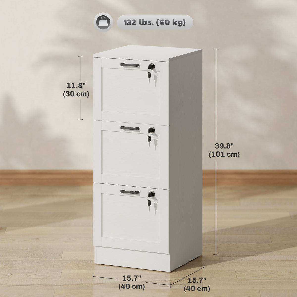 Vertical Filing Cabinet with 3 Drawers, Lock, File Cabinet for Home Office, A4 and Letter Size Files, White-Office Storage Cabinets-DECOROLALA
