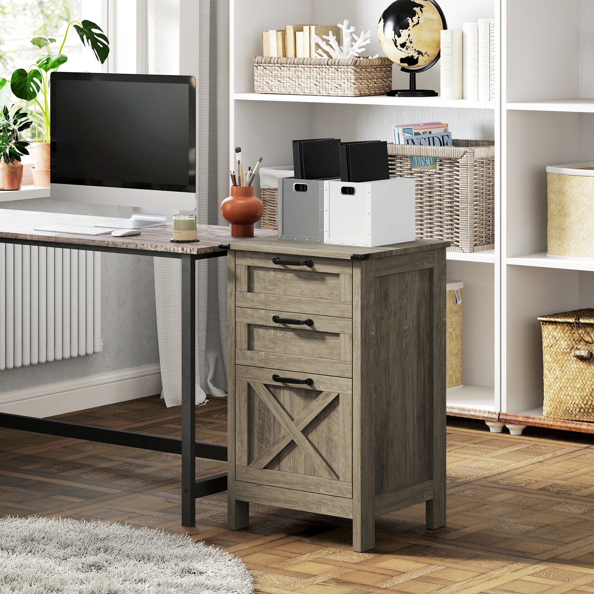 Vertical Filing Cabinet with 3 Drawers, Rustic Farmhouse Office Storage Cabinet for A4, Letter Size, Grey Wash-Office Products > Office Furniture > Office Cabinets & Cupboards-DECOROLALA