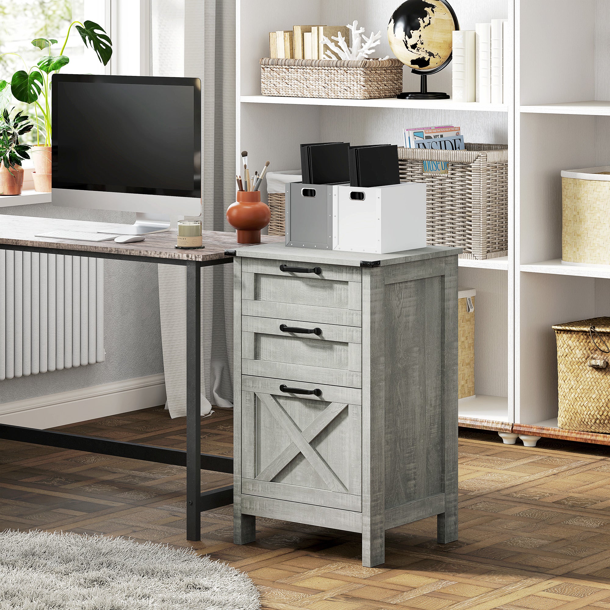 Vertical Filing Cabinet with 3 Drawers, Rustic Farmhouse Office Storage Cabinet for A4, Letter Size, Stone Grey-Office Products > Office Furniture > Office Cabinets & Cupboards-DECOROLALA