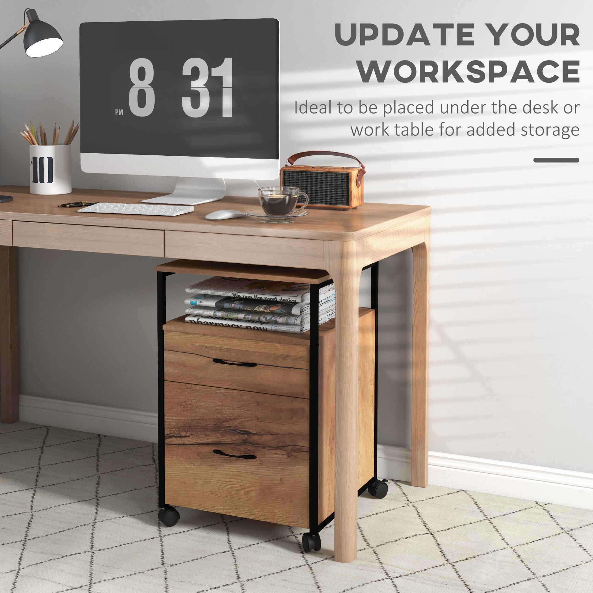 Vertical Filing Cabinet with Wheels, 26.2" Tall File Cabinet with 2 Drawers, Open Shelf, Hanging Bars for Letter and A4, Industrial Home Office Printer Stand, Rustic Brown-Office Products > Office Furniture > Office Cabinets & Cupboards-DECOROLALA