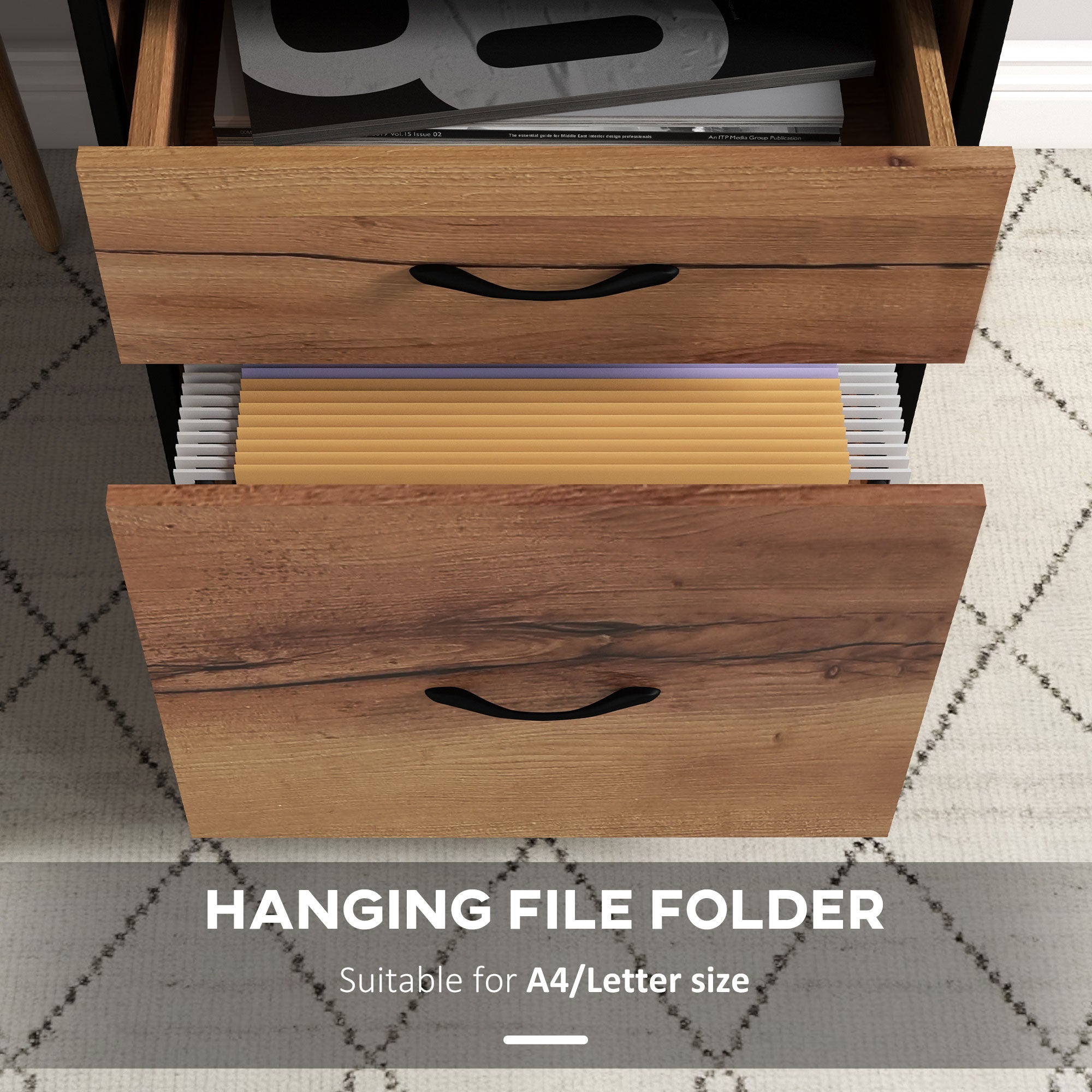 Vertical Filing Cabinet with Wheels, 26.2" Tall File Cabinet with 2 Drawers, Open Shelf, Hanging Bars for Letter and A4, Industrial Home Office Printer Stand, Rustic Brown-Office Products > Office Furniture > Office Cabinets & Cupboards-DECOROLALA