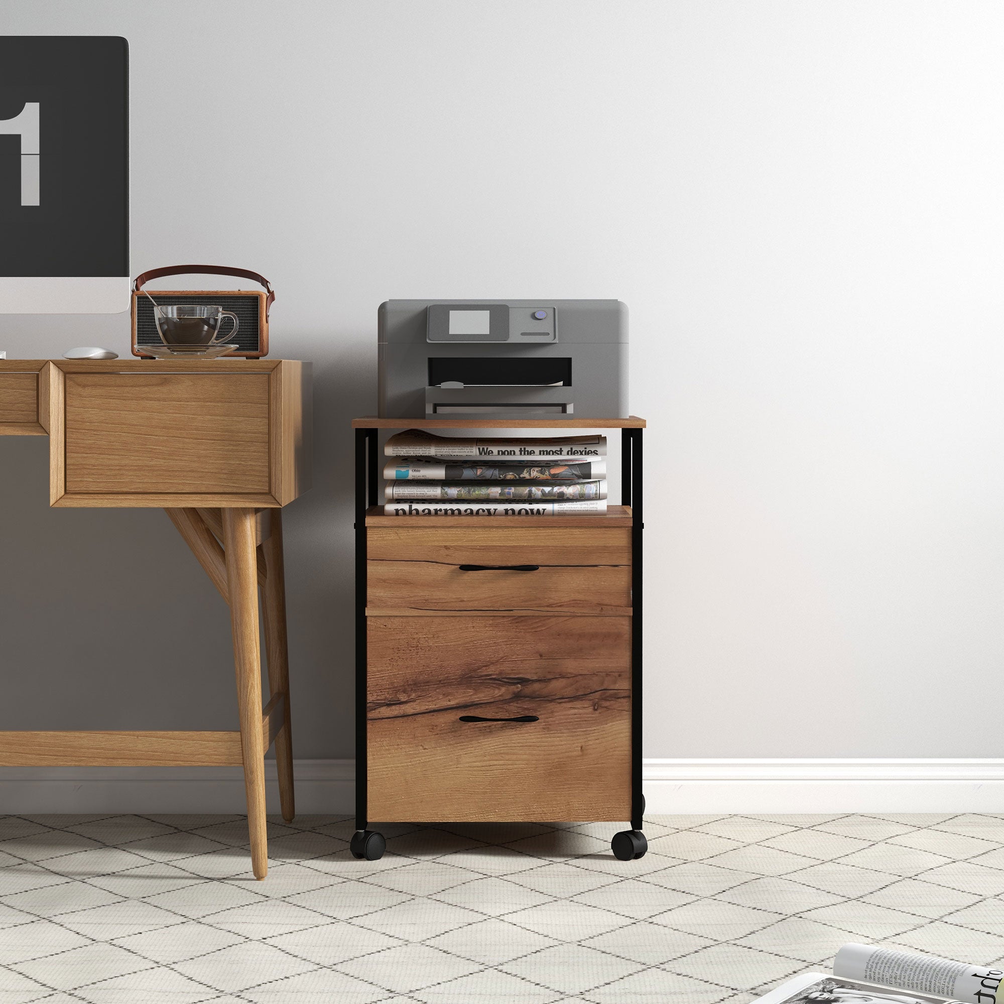 Vertical Filing Cabinet with Wheels, 26.2" Tall File Cabinet with 2 Drawers, Open Shelf, Hanging Bars for Letter and A4, Industrial Home Office Printer Stand, Rustic Brown-Office Products > Office Furniture > Office Cabinets & Cupboards-DECOROLALA