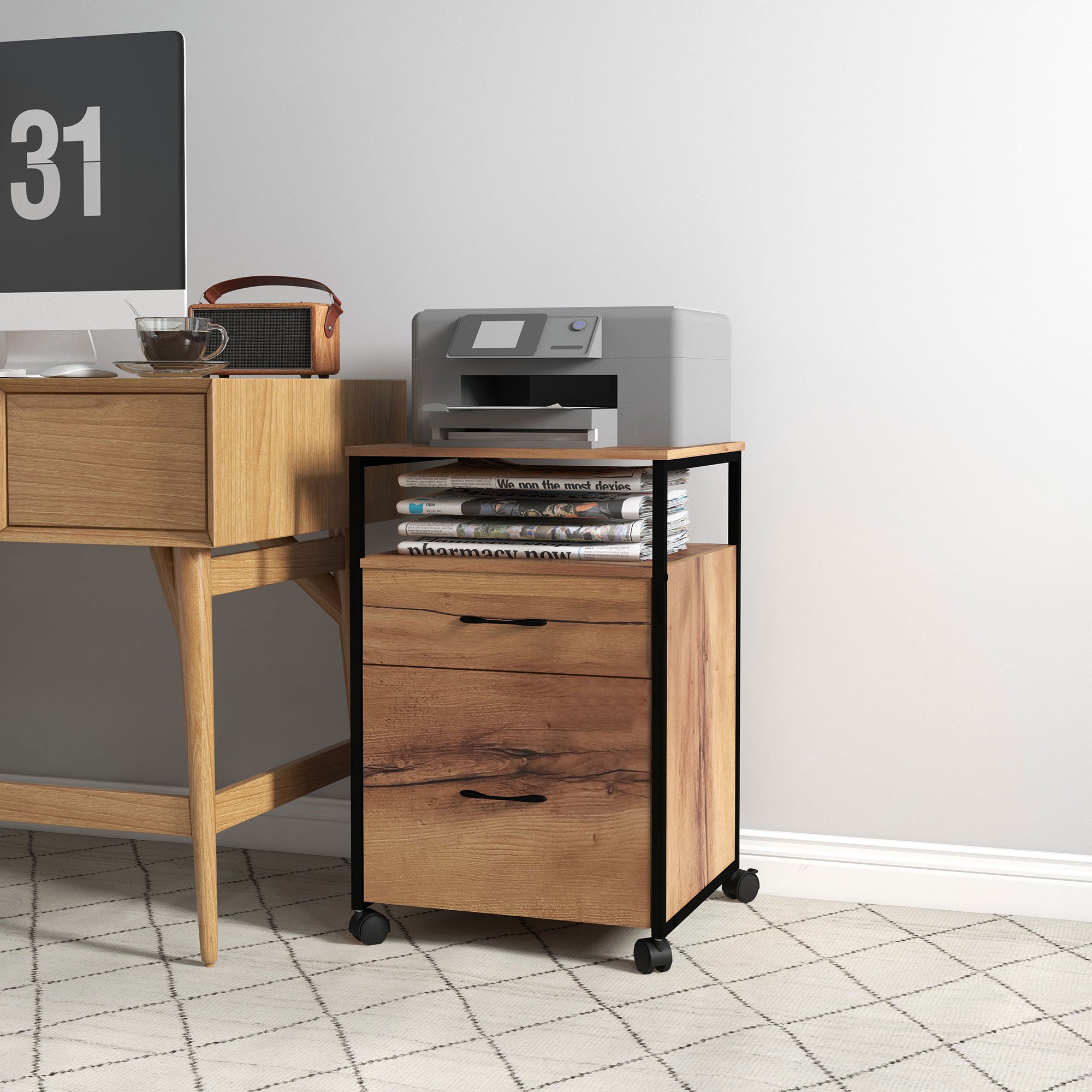 Vertical Filing Cabinet with Wheels, 26.2" Tall File Cabinet with 2 Drawers, Open Shelf, Hanging Bars for Letter and A4, Industrial Home Office Printer Stand, Rustic Brown-Office Products > Office Furniture > Office Cabinets & Cupboards-DECOROLALA
