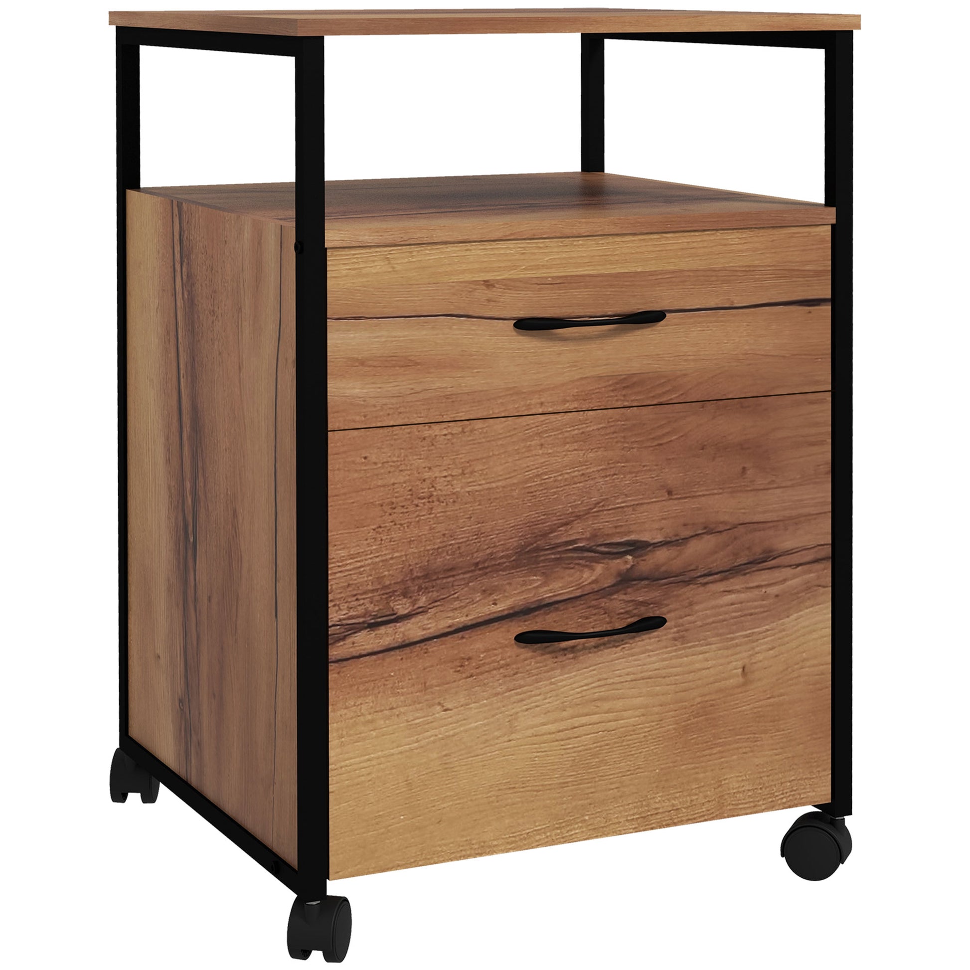 Vertical Filing Cabinet with Wheels, 26.2" Tall File Cabinet with 2 Drawers, Open Shelf, Hanging Bars for Letter and A4, Industrial Home Office Printer Stand, Rustic Brown-Office Products > Office Furniture > Office Cabinets & Cupboards-DECOROLALA
