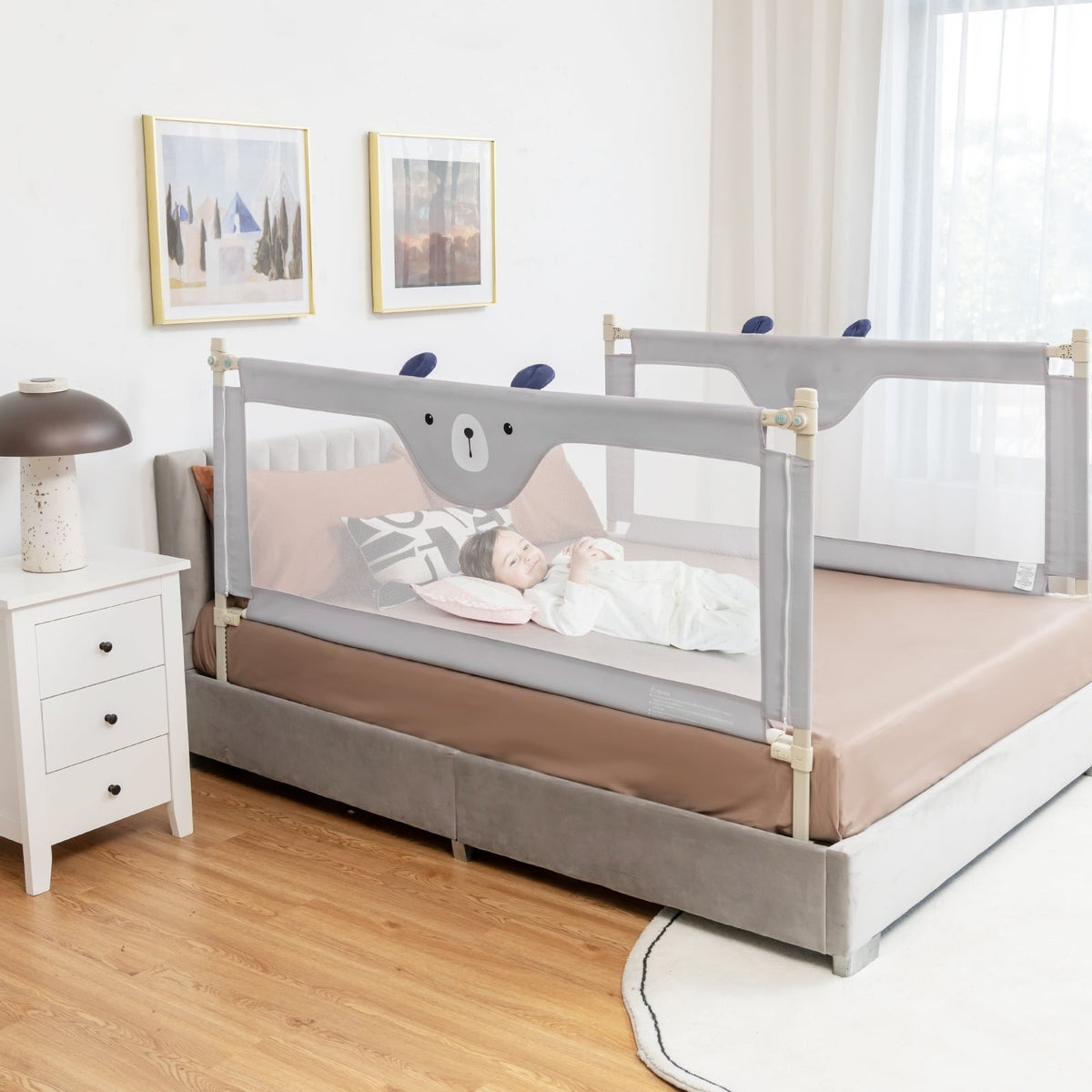 Vertical Lifting Baby Bedrail Guard with Lock-Gray-Bed Rails-DECOROLALA