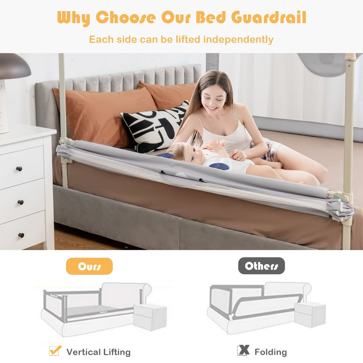 Vertical Lifting Baby Bedrail Guard with Lock-Gray-Bed Rails-DECOROLALA