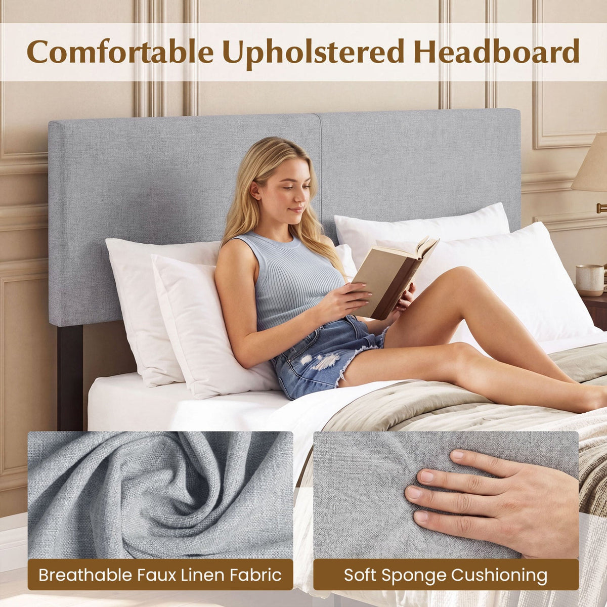 Vertical Quilted Linen Upholstered Headboard - Queen/Full Size-Headboards-DECOROLALA