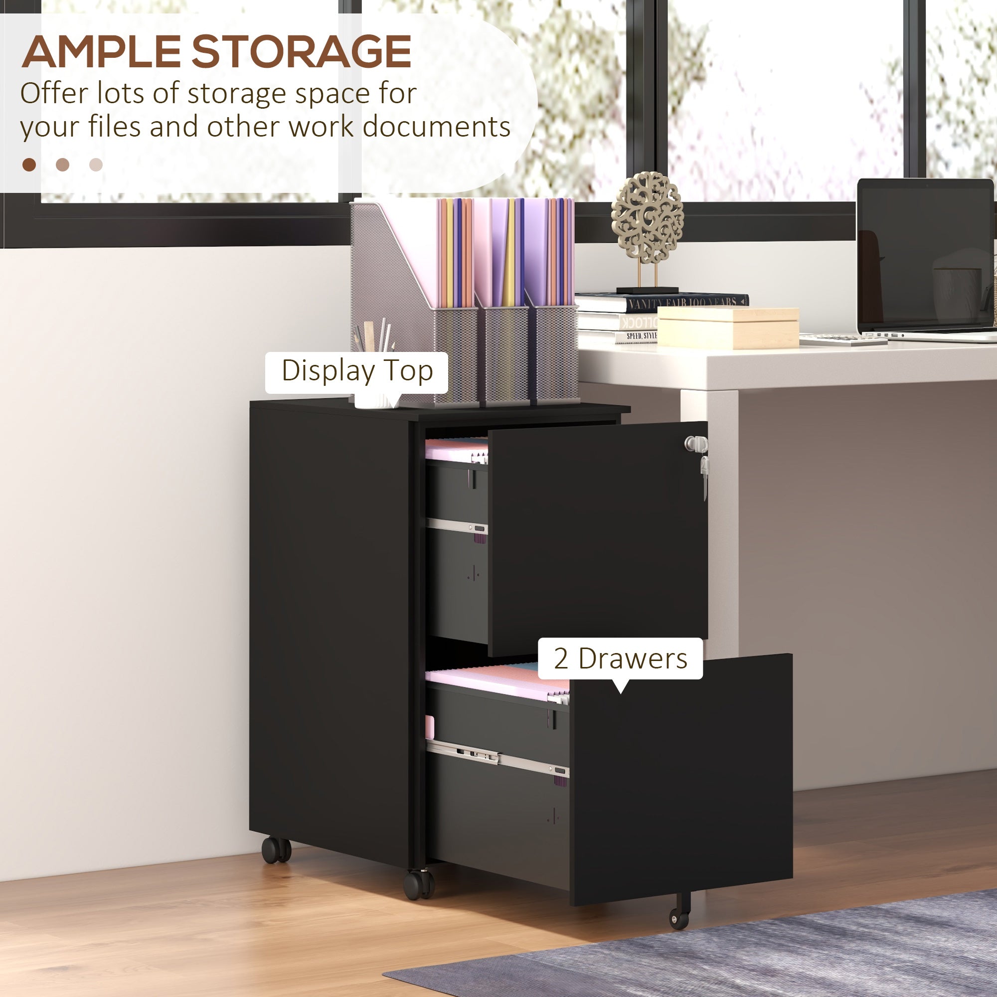 Vertical Steel Filing Cabinet on Wheels, 2-Drawer Lockable File Cabinet with Adjustable Hanging Bar for A4, Legal and Letter Size, Black-Office Products > Office Furniture > Office Cabinets & Cupboards-DECOROLALA