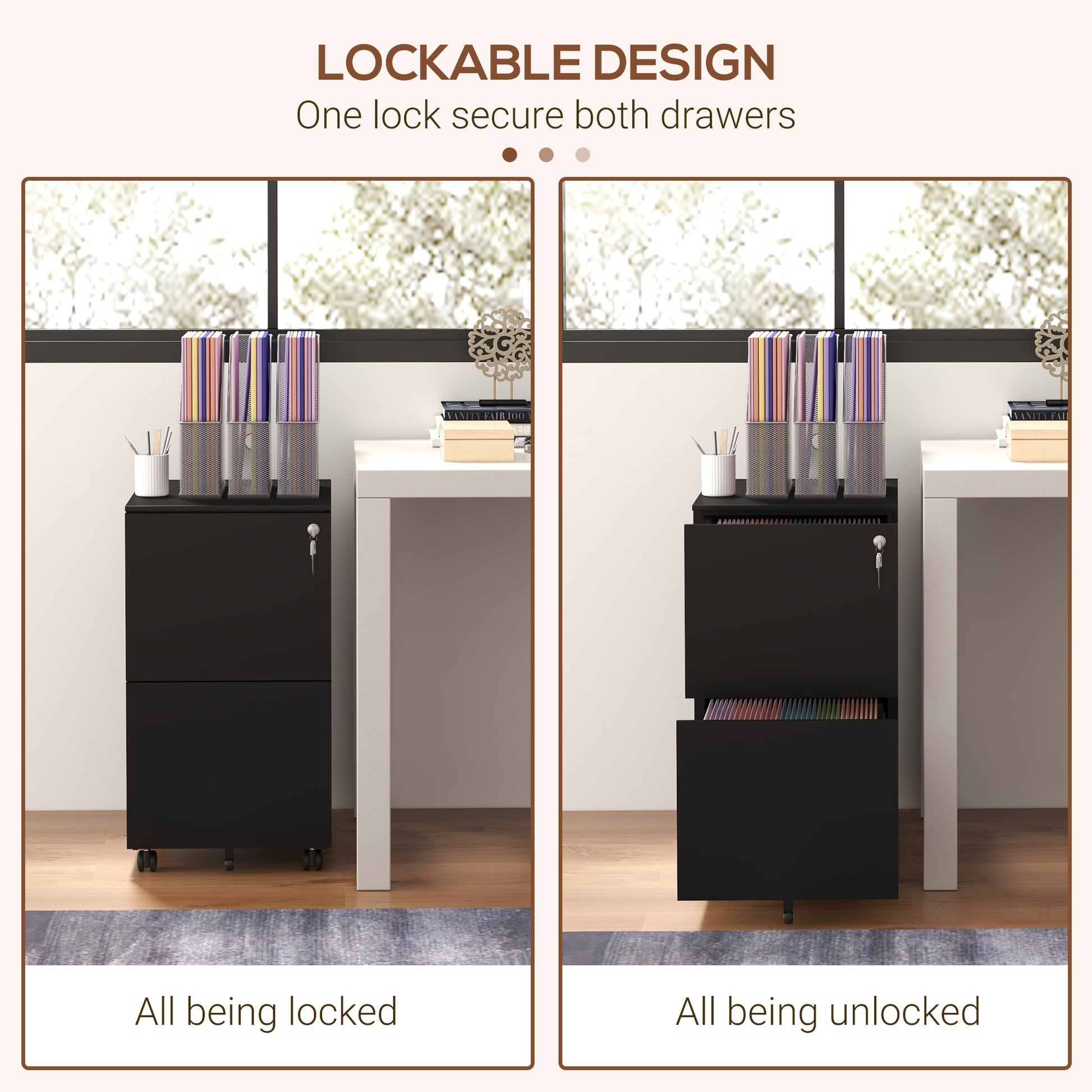 Vertical Steel Filing Cabinet on Wheels, 2-Drawer Lockable File Cabinet with Adjustable Hanging Bar for A4, Legal and Letter Size, Black-Office Products > Office Furniture > Office Cabinets & Cupboards-DECOROLALA