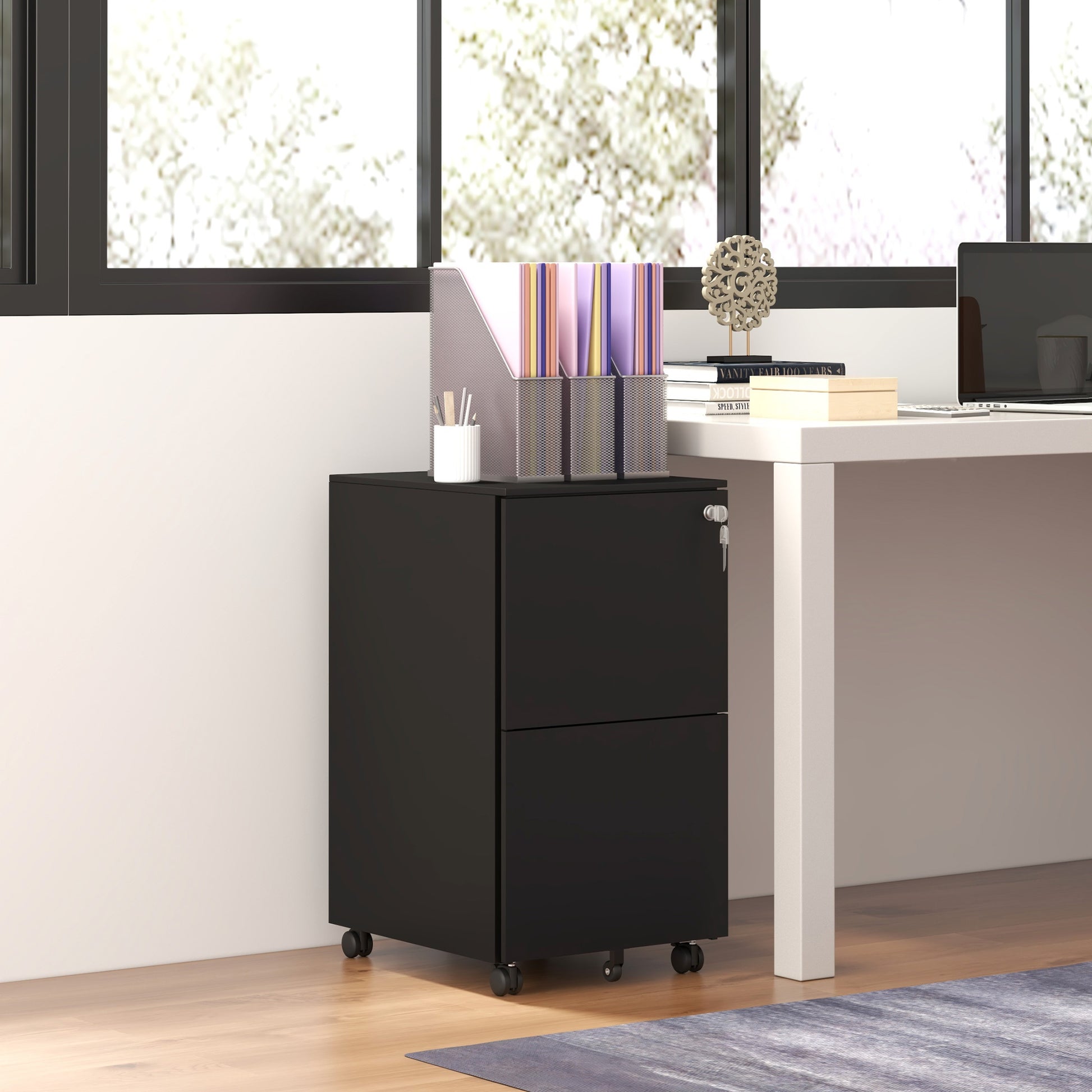 Vertical Steel Filing Cabinet on Wheels, 2-Drawer Lockable File Cabinet with Adjustable Hanging Bar for A4, Legal and Letter Size, Black-Office Products > Office Furniture > Office Cabinets & Cupboards-DECOROLALA