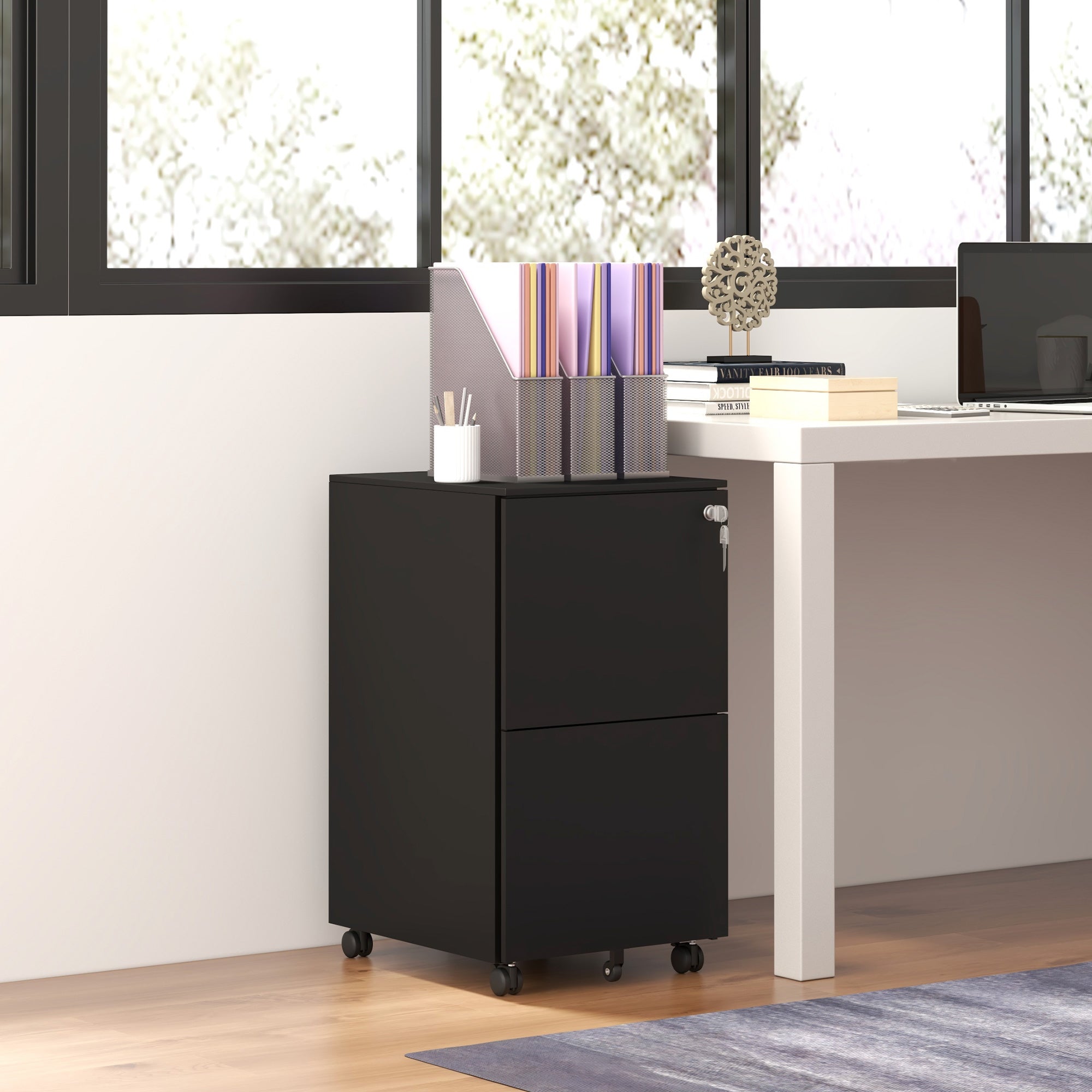 Vertical Steel Filing Cabinet on Wheels, 2-Drawer Lockable File Cabinet with Adjustable Hanging Bar for A4, Legal and Letter Size, Black-Office Products > Office Furniture > Office Cabinets & Cupboards-DECOROLALA