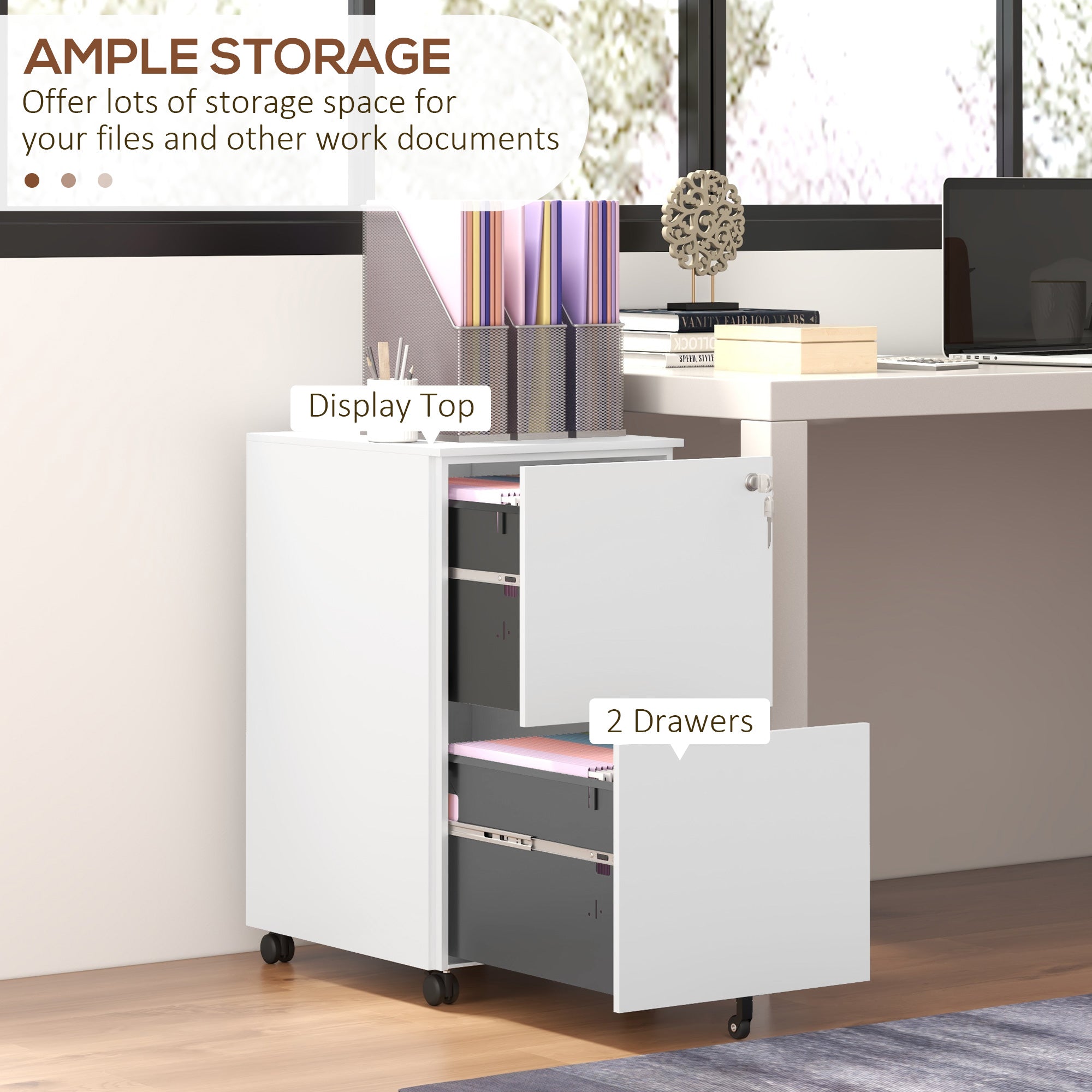 Vertical Steel Filing Cabinet on Wheels, 2-Drawer Lockable File Cabinet with Adjustable Hanging Bar for A4, Legal and Letter Size, White-Office Products > Office Furniture > Office Cabinets & Cupboards-DECOROLALA
