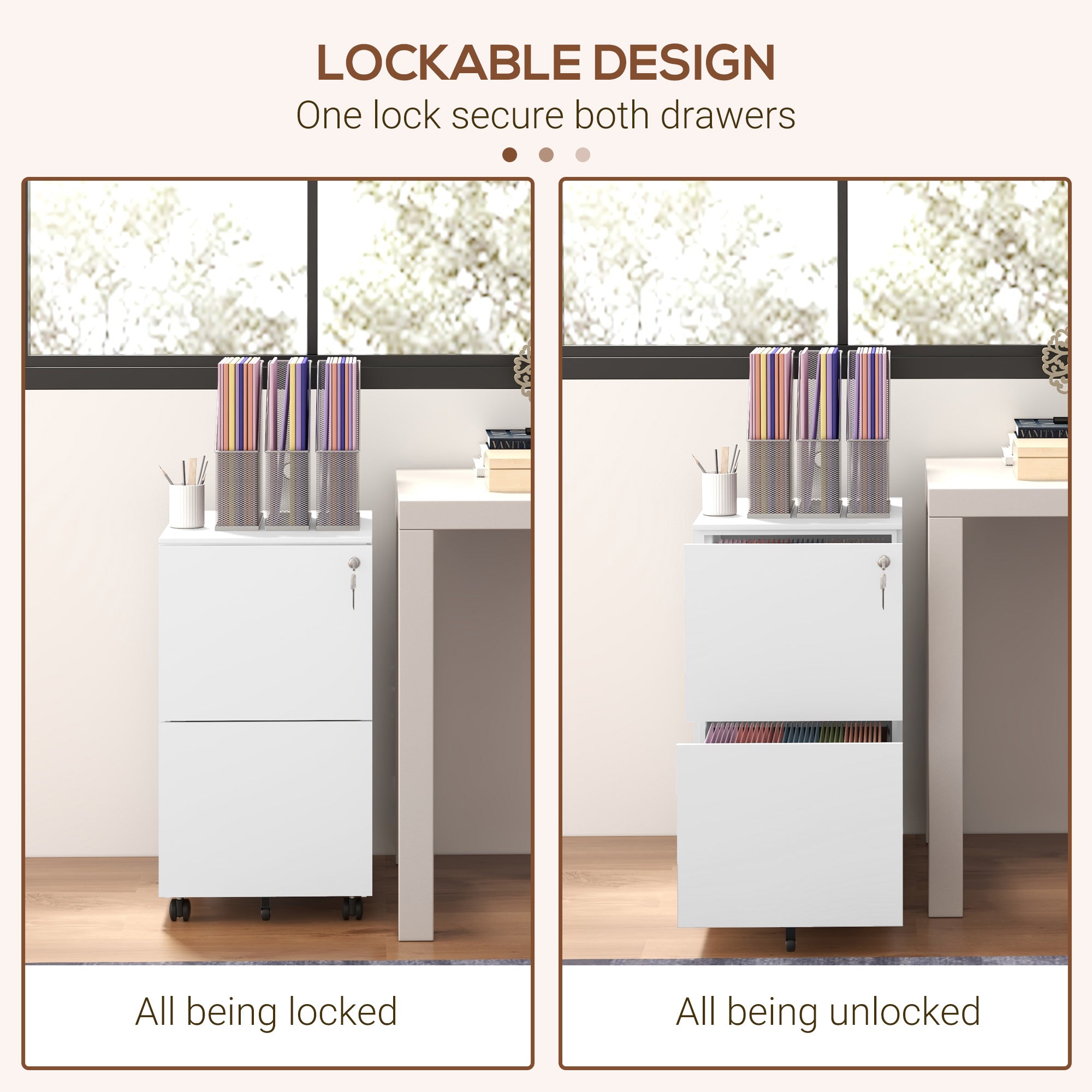 Vertical Steel Filing Cabinet on Wheels, 2-Drawer Lockable File Cabinet with Adjustable Hanging Bar for A4, Legal and Letter Size, White-Office Products > Office Furniture > Office Cabinets & Cupboards-DECOROLALA