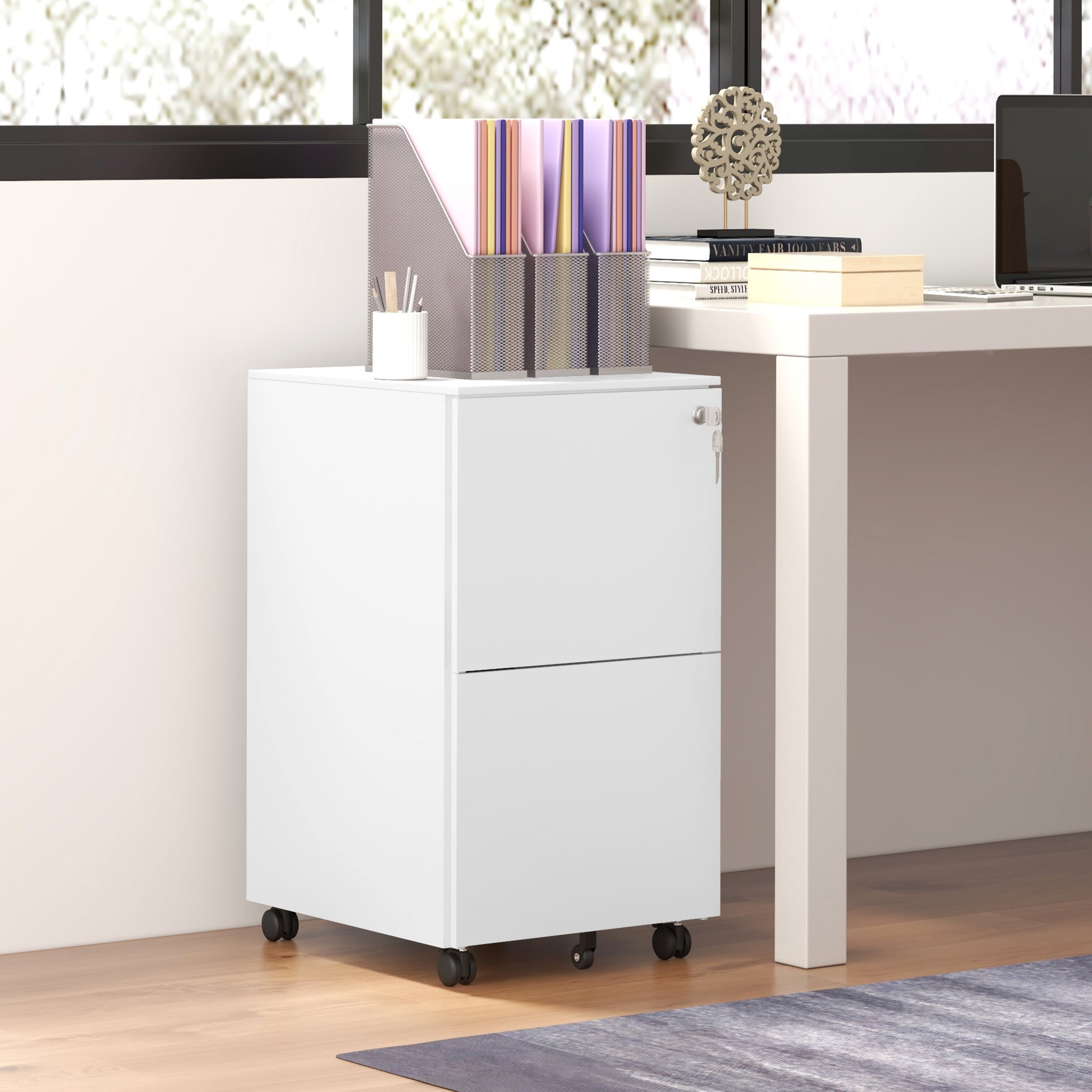 Vertical Steel Filing Cabinet on Wheels, 2-Drawer Lockable File Cabinet with Adjustable Hanging Bar for A4, Legal and Letter Size, White-Office Products > Office Furniture > Office Cabinets & Cupboards-DECOROLALA