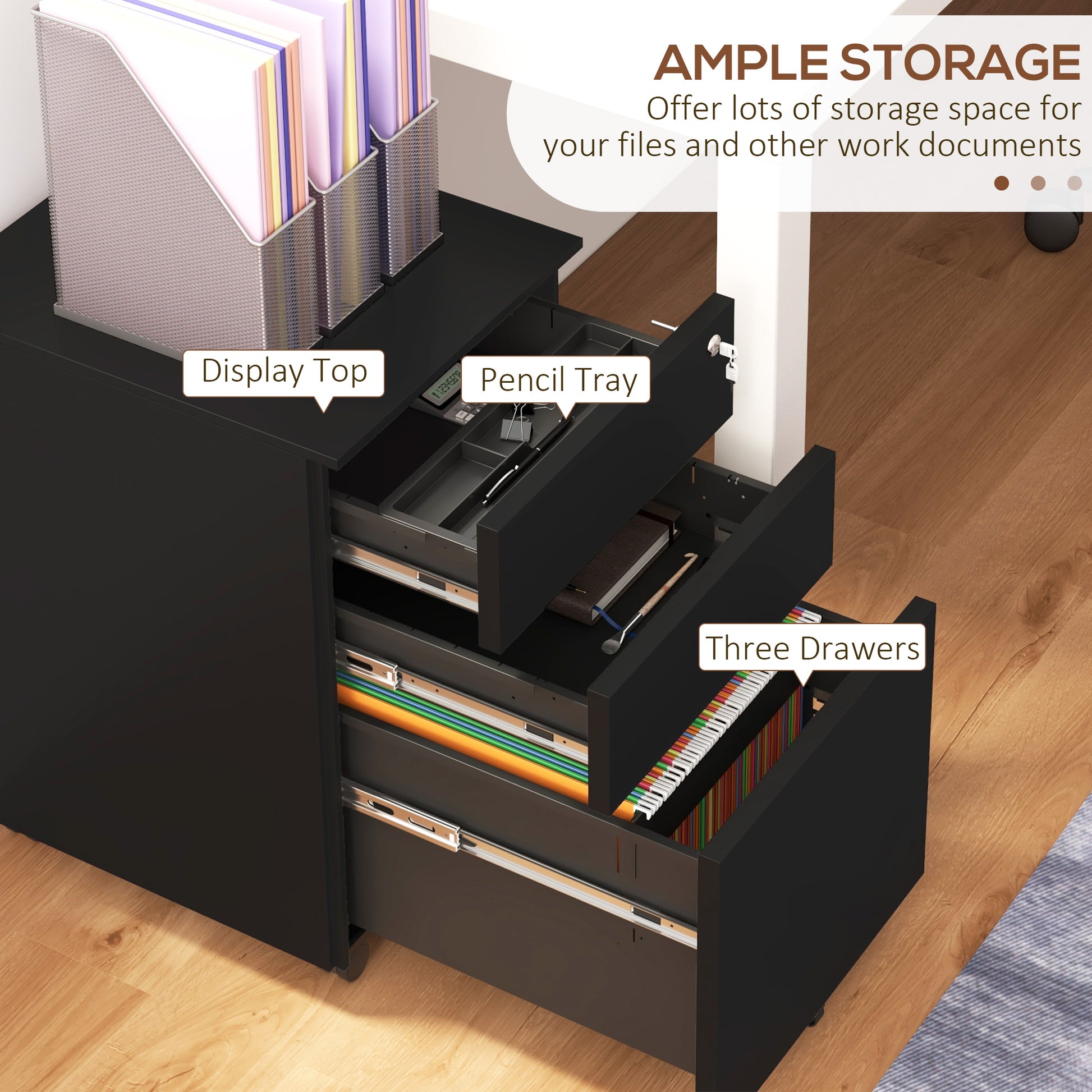 Vertical Steel Filing Cabinet on Wheels, 3-Drawer Lockable File Cabinet with Adjustable Hanging Bar for A4, Legal and Letter Size, for Home Office, Black-Office Products > Office Furniture > Office Cabinets & Cupboards-DECOROLALA