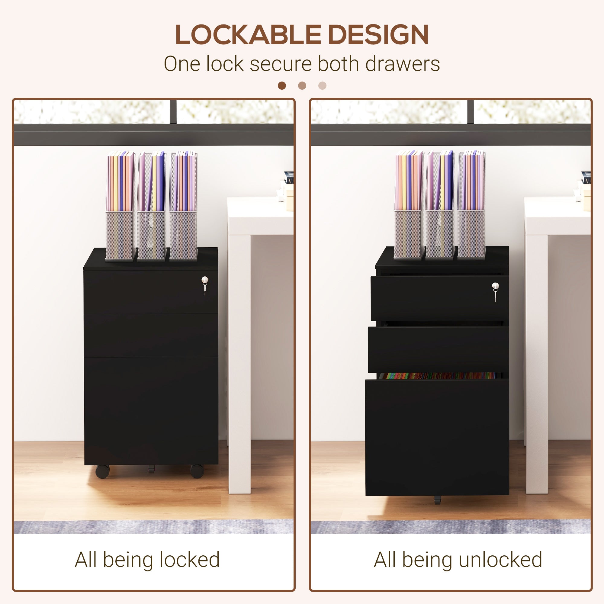 Vertical Steel Filing Cabinet on Wheels, 3-Drawer Lockable File Cabinet with Adjustable Hanging Bar for A4, Legal and Letter Size, for Home Office, Black-Office Products > Office Furniture > Office Cabinets & Cupboards-DECOROLALA