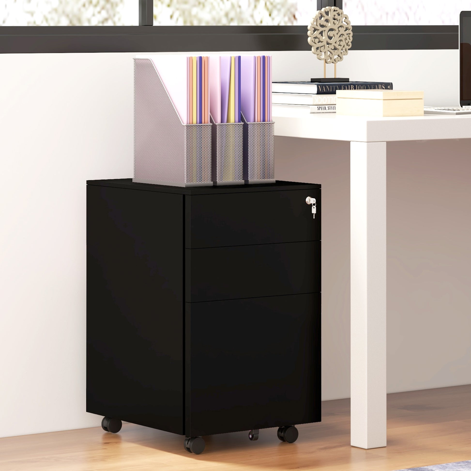 Vertical Steel Filing Cabinet on Wheels, 3-Drawer Lockable File Cabinet with Adjustable Hanging Bar for A4, Legal and Letter Size, for Home Office, Black-Office Products > Office Furniture > Office Cabinets & Cupboards-DECOROLALA