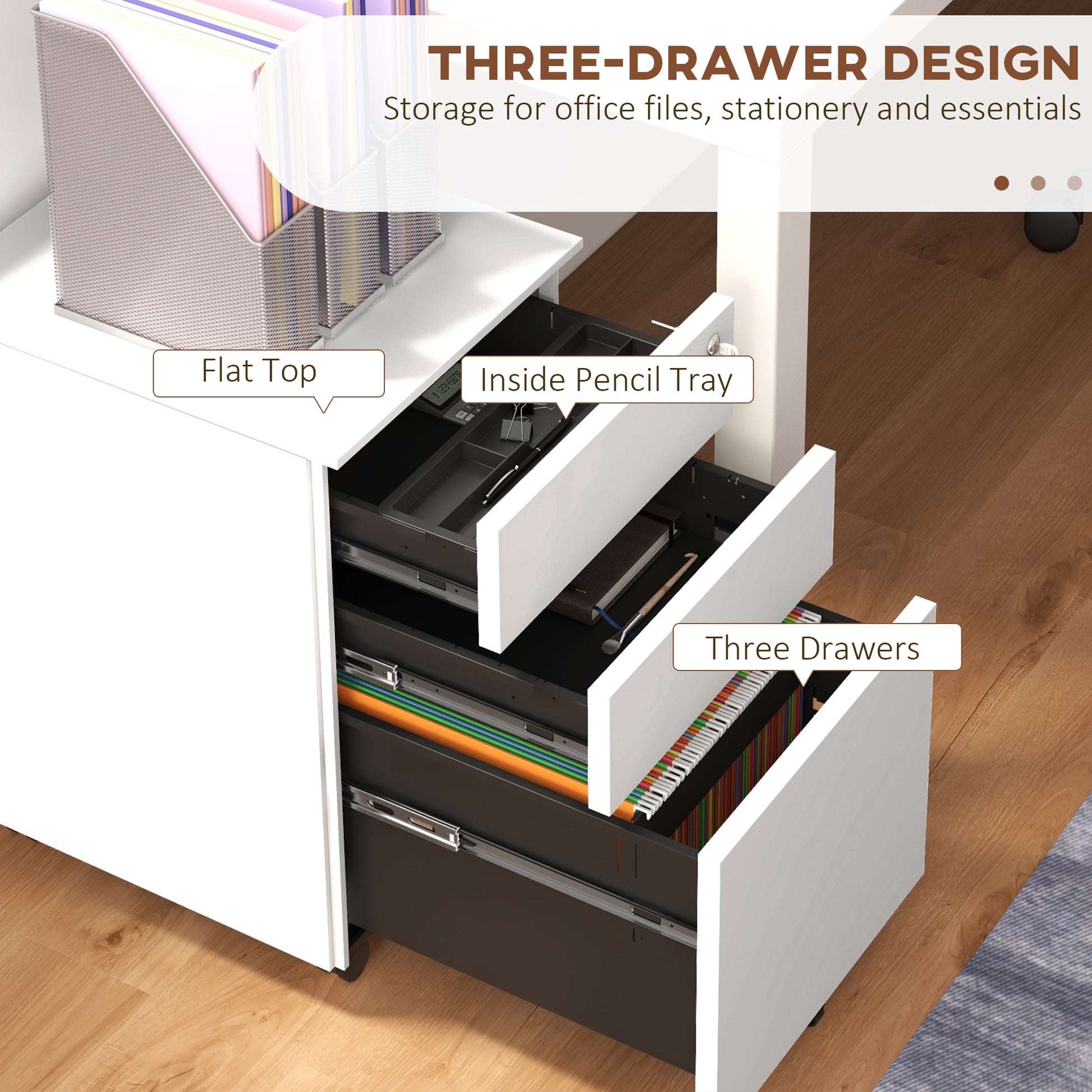 Vertical Steel Filing Cabinet on Wheels, 3-Drawer Lockable File Cabinet with Adjustable Hanging Bar for A4, Legal and Letter Size, for Home Office, White-Office Products > Office Furniture > Office Cabinets & Cupboards-DECOROLALA