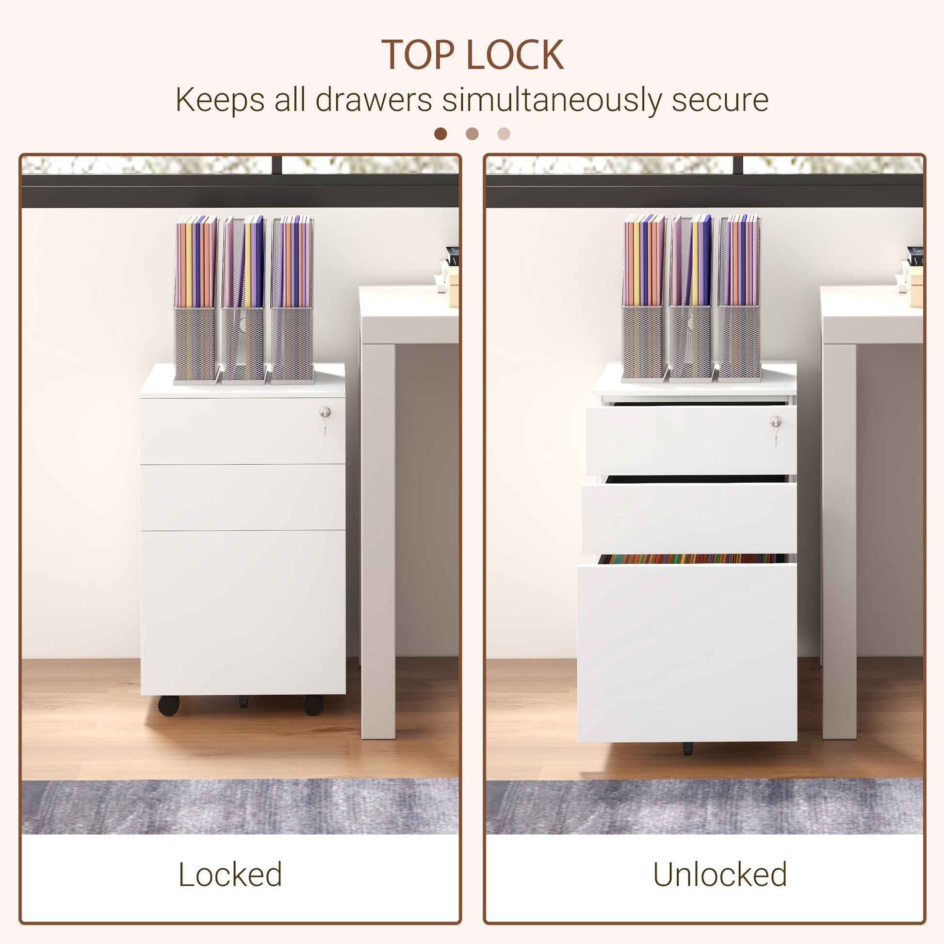 Vertical Steel Filing Cabinet on Wheels, 3-Drawer Lockable File Cabinet with Adjustable Hanging Bar for A4, Legal and Letter Size, for Home Office, White-Office Products > Office Furniture > Office Cabinets & Cupboards-DECOROLALA