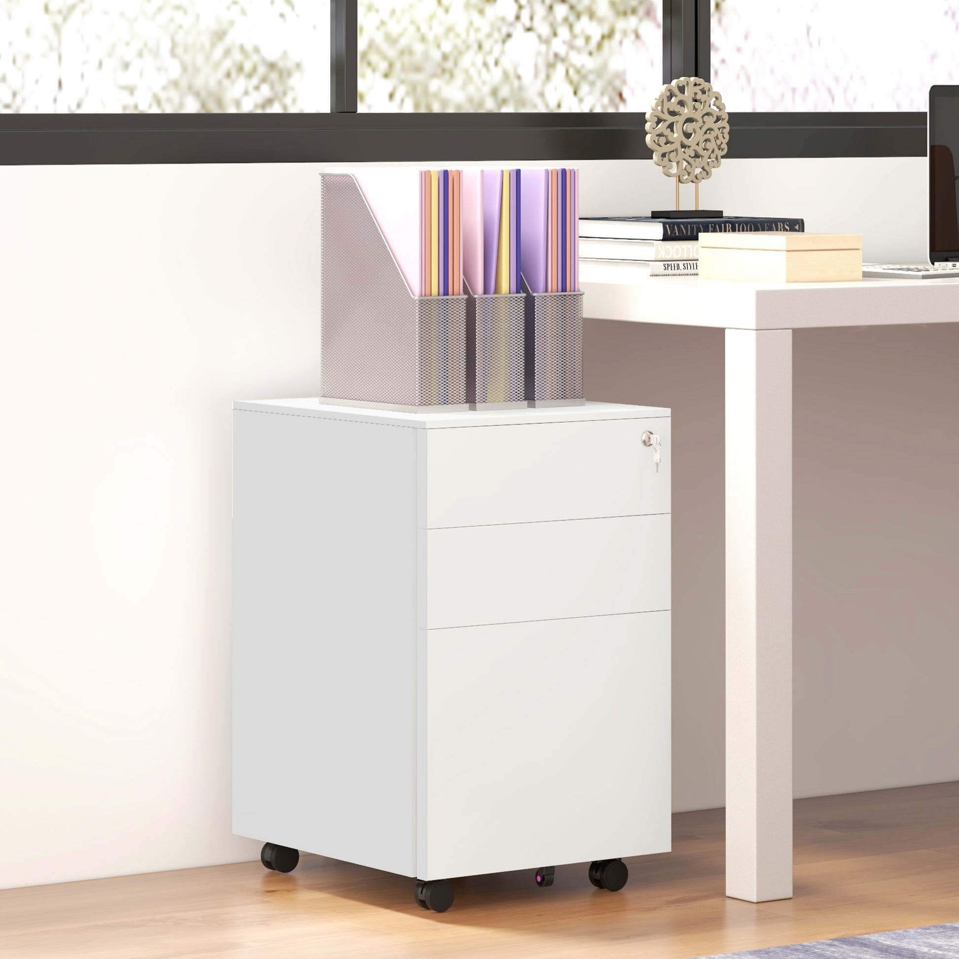 Vertical Steel Filing Cabinet on Wheels, 3-Drawer Lockable File Cabinet with Adjustable Hanging Bar for A4, Legal and Letter Size, for Home Office, White-Office Products > Office Furniture > Office Cabinets & Cupboards-DECOROLALA