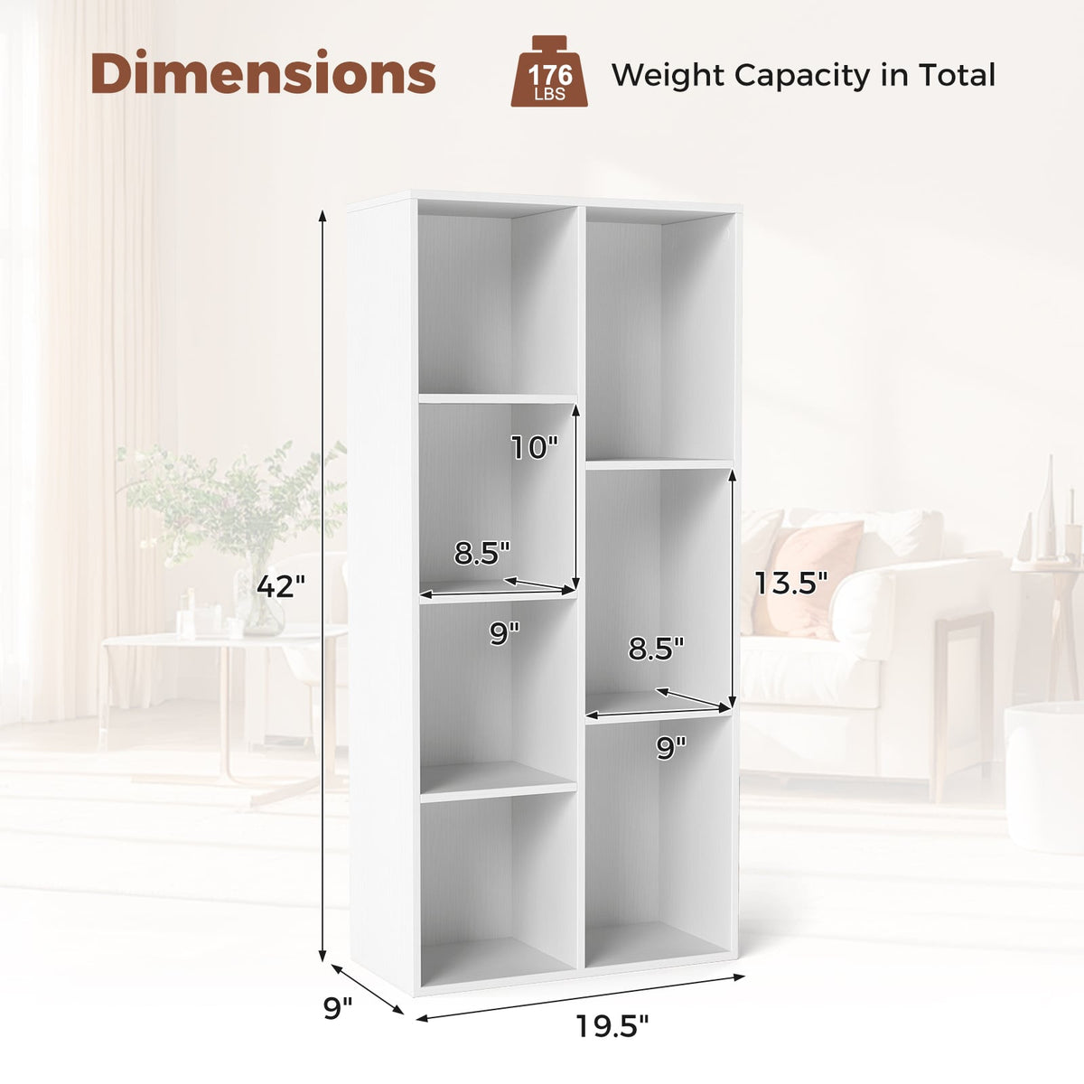 Vertical or Horizontal Freestanding Bookshelf with 7 Compartments-White-Bookcases-DECOROLALA