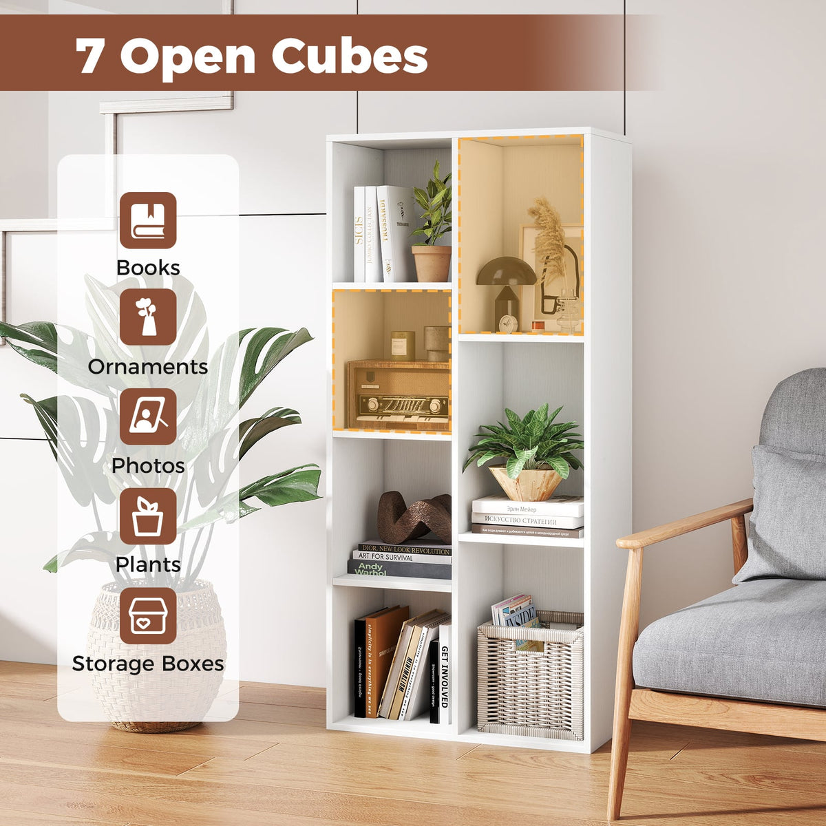 Vertical or Horizontal Freestanding Bookshelf with 7 Compartments-White-Bookcases-DECOROLALA