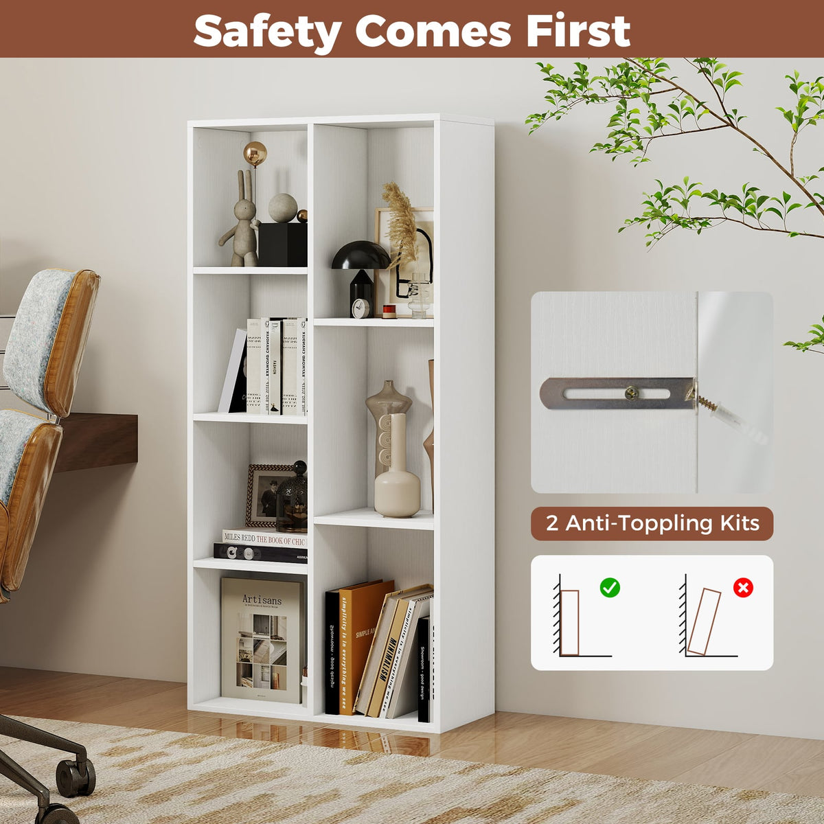 Vertical or Horizontal Freestanding Bookshelf with 7 Compartments-White-Bookcases-DECOROLALA