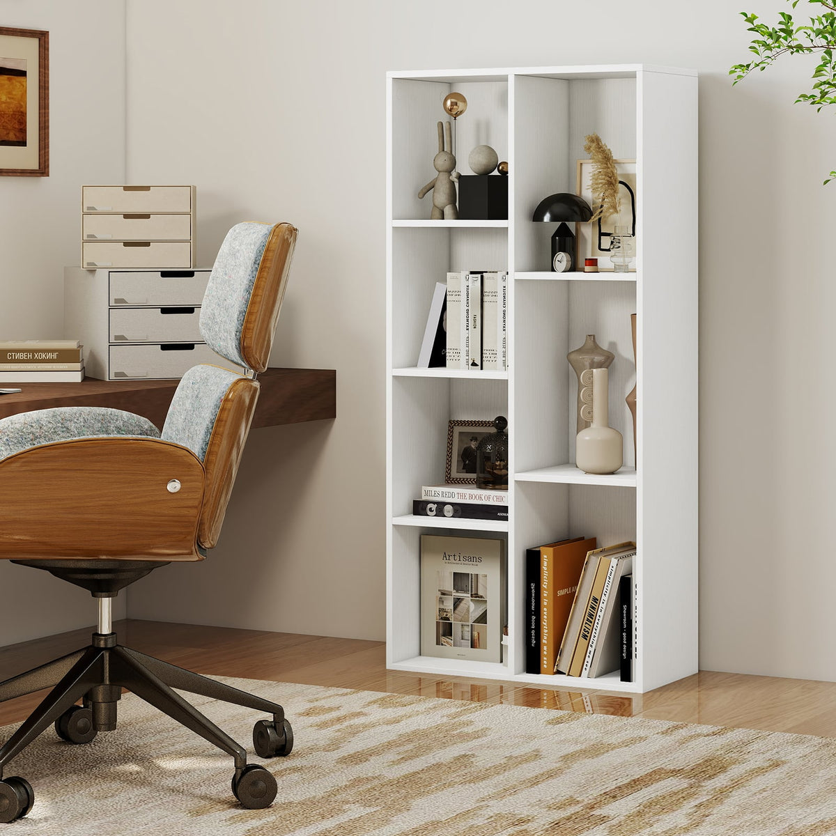 Vertical or Horizontal Freestanding Bookshelf with 7 Compartments-White-Bookcases-DECOROLALA