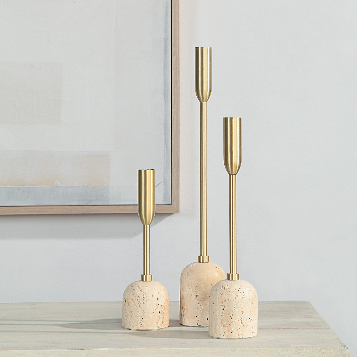 Vesta Indoor Iron Set Of 3 Tapered Candle Holder, Satin Brass-Candle Holders-DECOROLALA