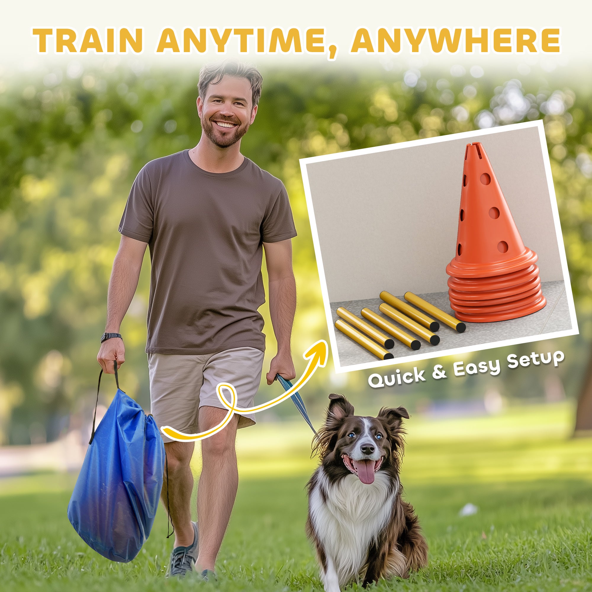 Ensemble de cônes pour haies d’agilité canine, équipement de parcours d’obstacles réglable avec 6 cônes et 6 barres, sac de transport, orange