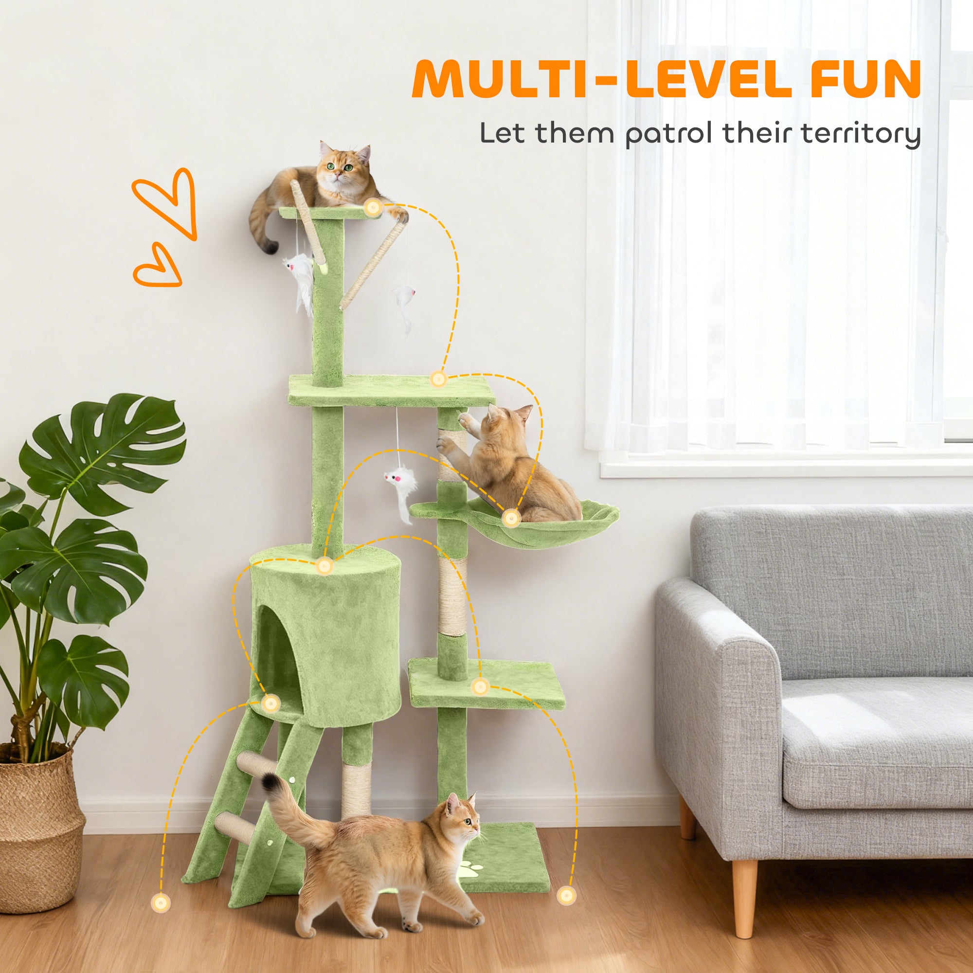 53" Cat Tree Tower, Kitten Activity Centre with Scratching Posts, Condo, Perches, Ladder, Hammock, Dangling Toys, Green
