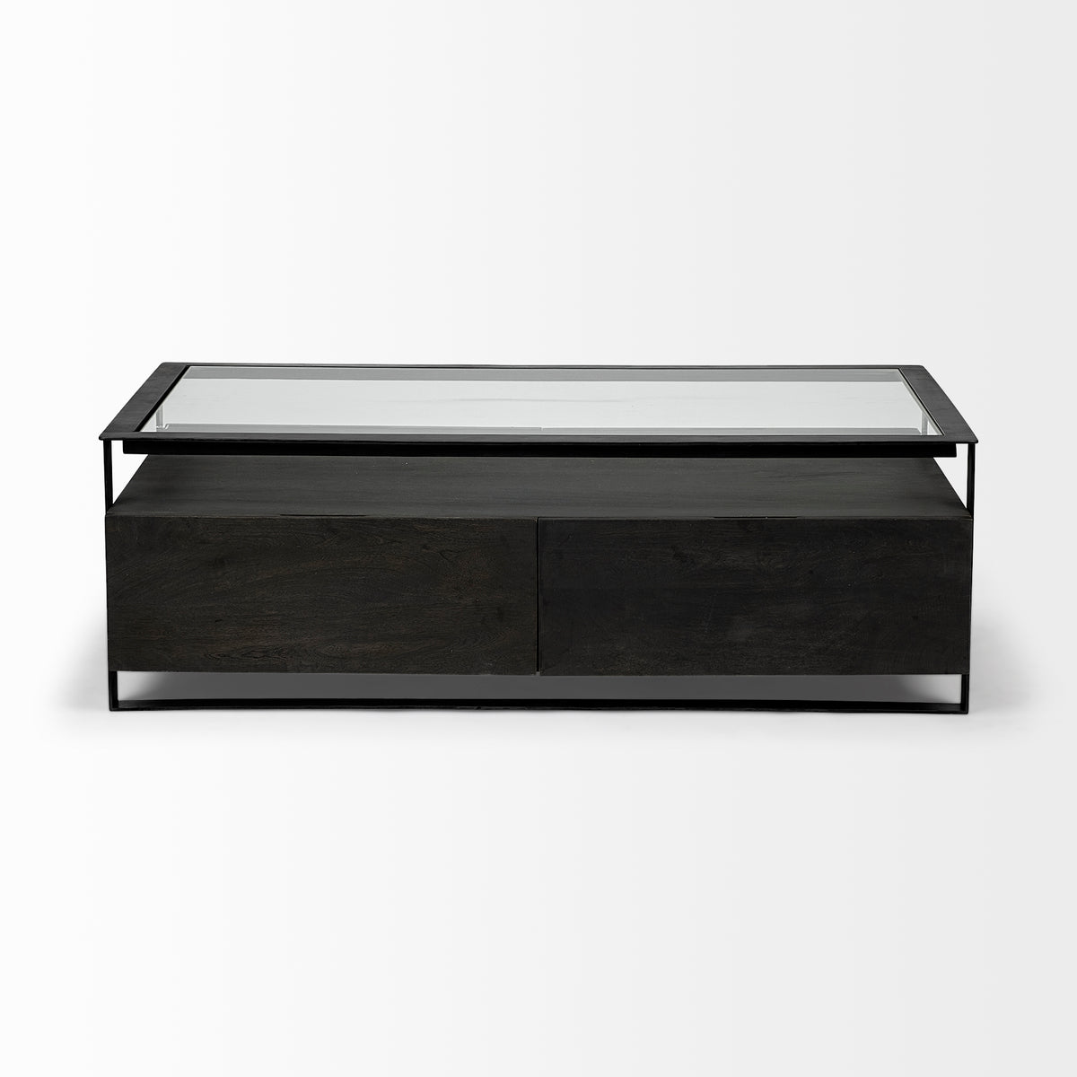 Vidro 54x30 Rectangular Glass Top Black Solid Wood Drawers & Black Frame Coffee Table-Coffee Tables-DECOROLALA