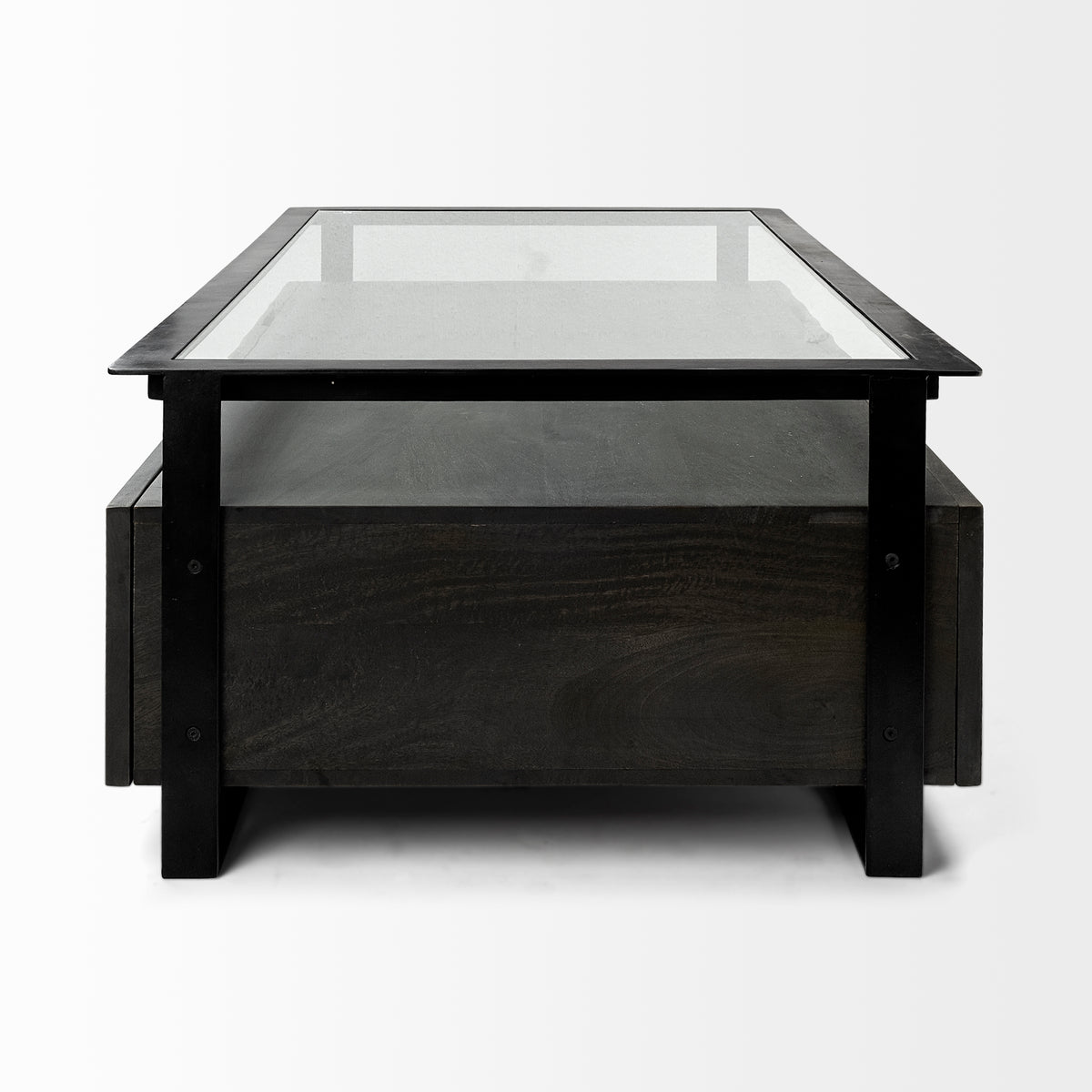 Vidro 54x30 Rectangular Glass Top Black Solid Wood Drawers & Black Frame Coffee Table-Coffee Tables-DECOROLALA