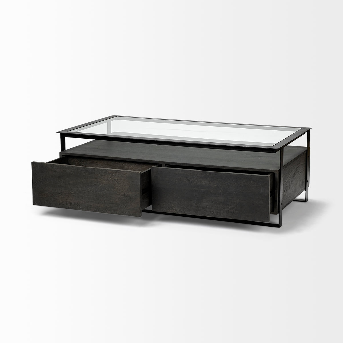 Vidro 54x30 Rectangular Glass Top Black Solid Wood Drawers & Black Frame Coffee Table-Coffee Tables-DECOROLALA